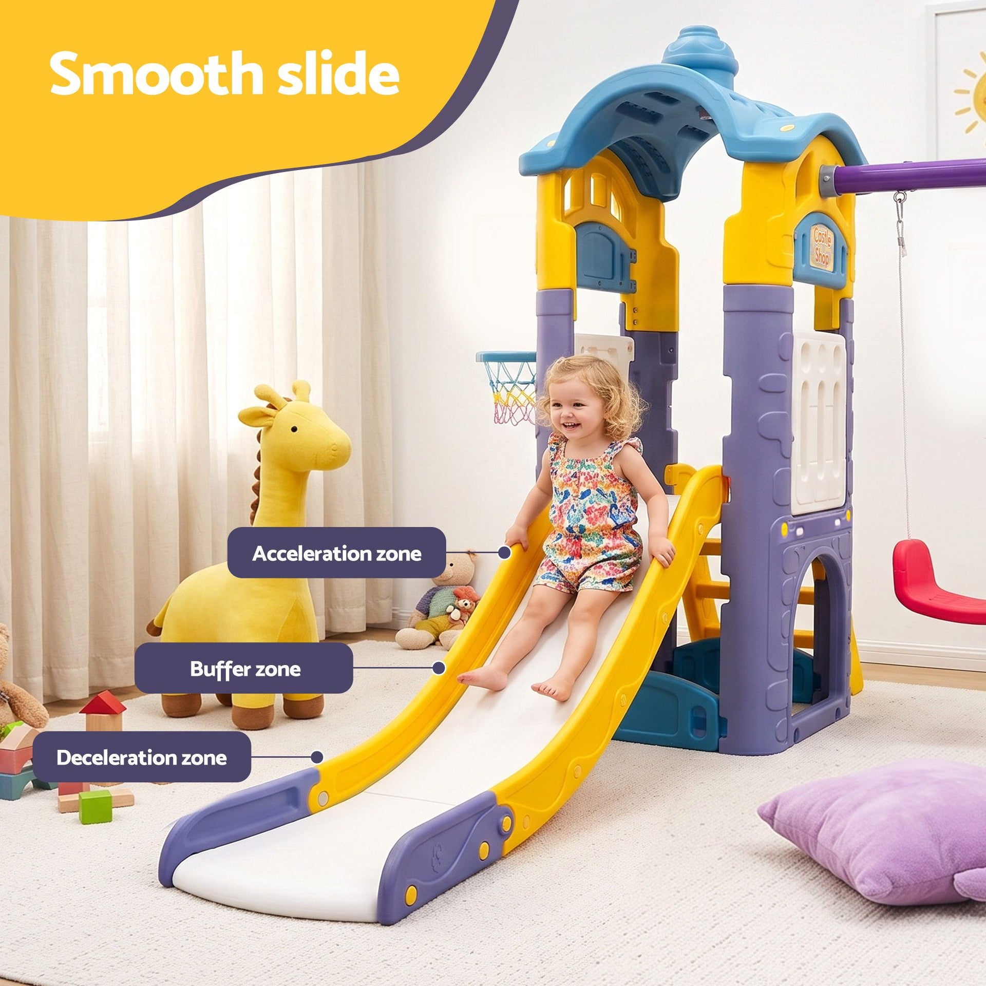 Keezi Kids 4-in-1 Slide Swing Set Double Swing Basketball Hoop Playhouse Awezingly