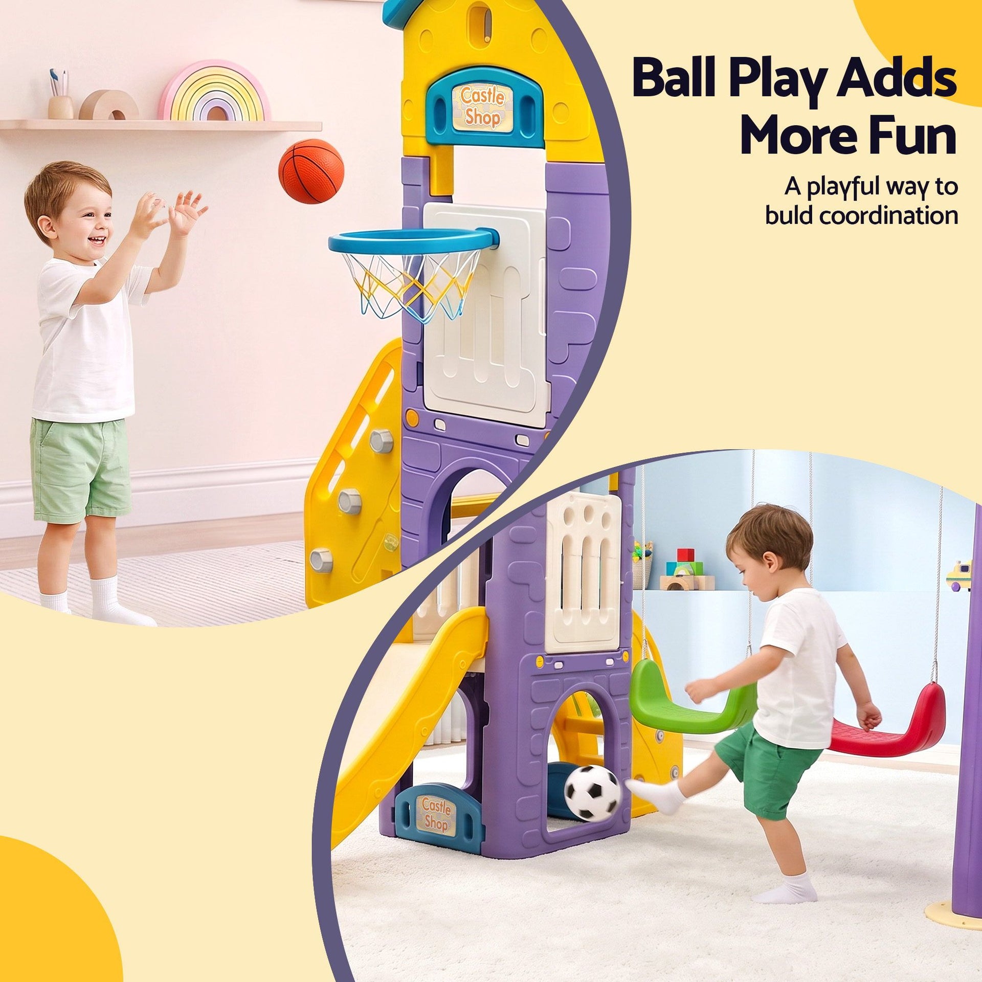 Keezi Kids 4-in-1 Slide Swing Set Double Swing Basketball Hoop Playhouse Awezingly