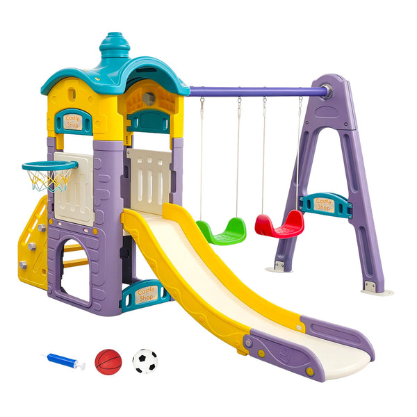 Keezi Kids 4-in-1 Slide Swing Set Double Swing Basketball Hoop Playhouse Awezingly