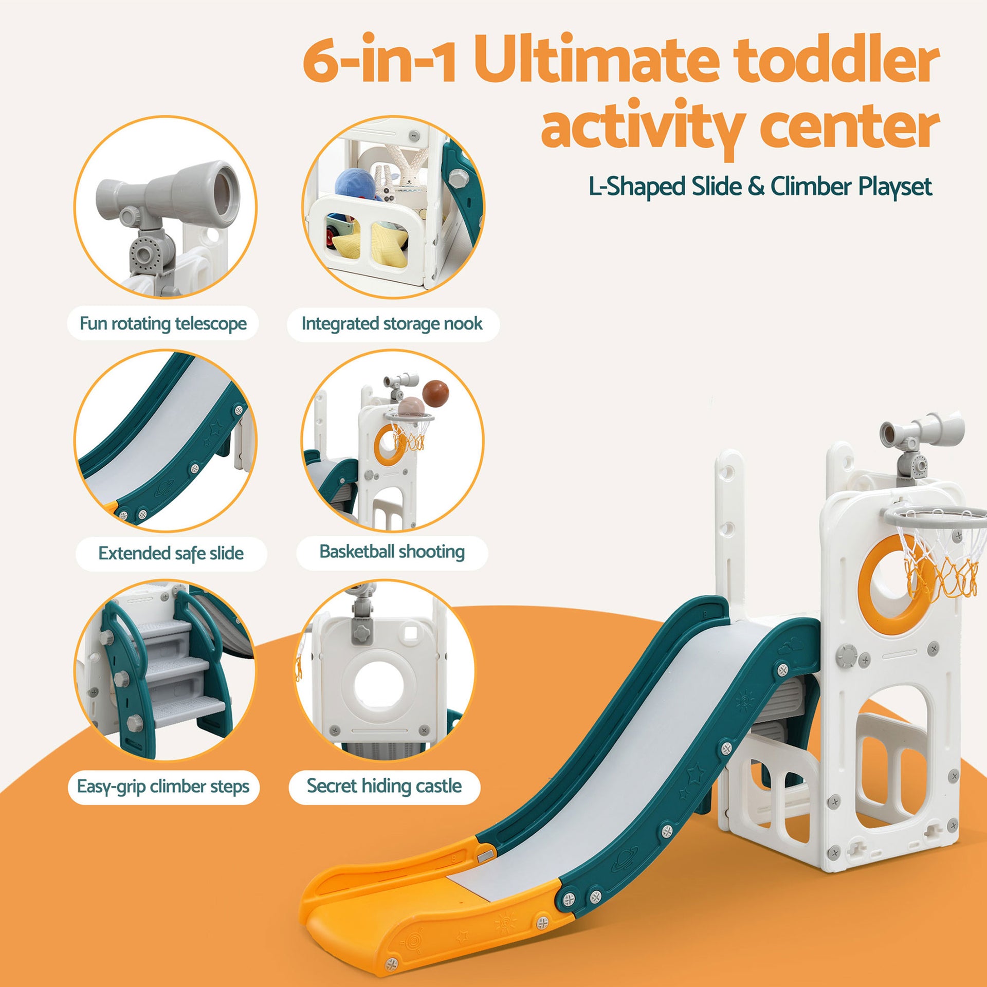 Keezi Kids Slide Set Basketball Hoop Outdoor Playground Outdoor Toys Telescope Storage Awezingly