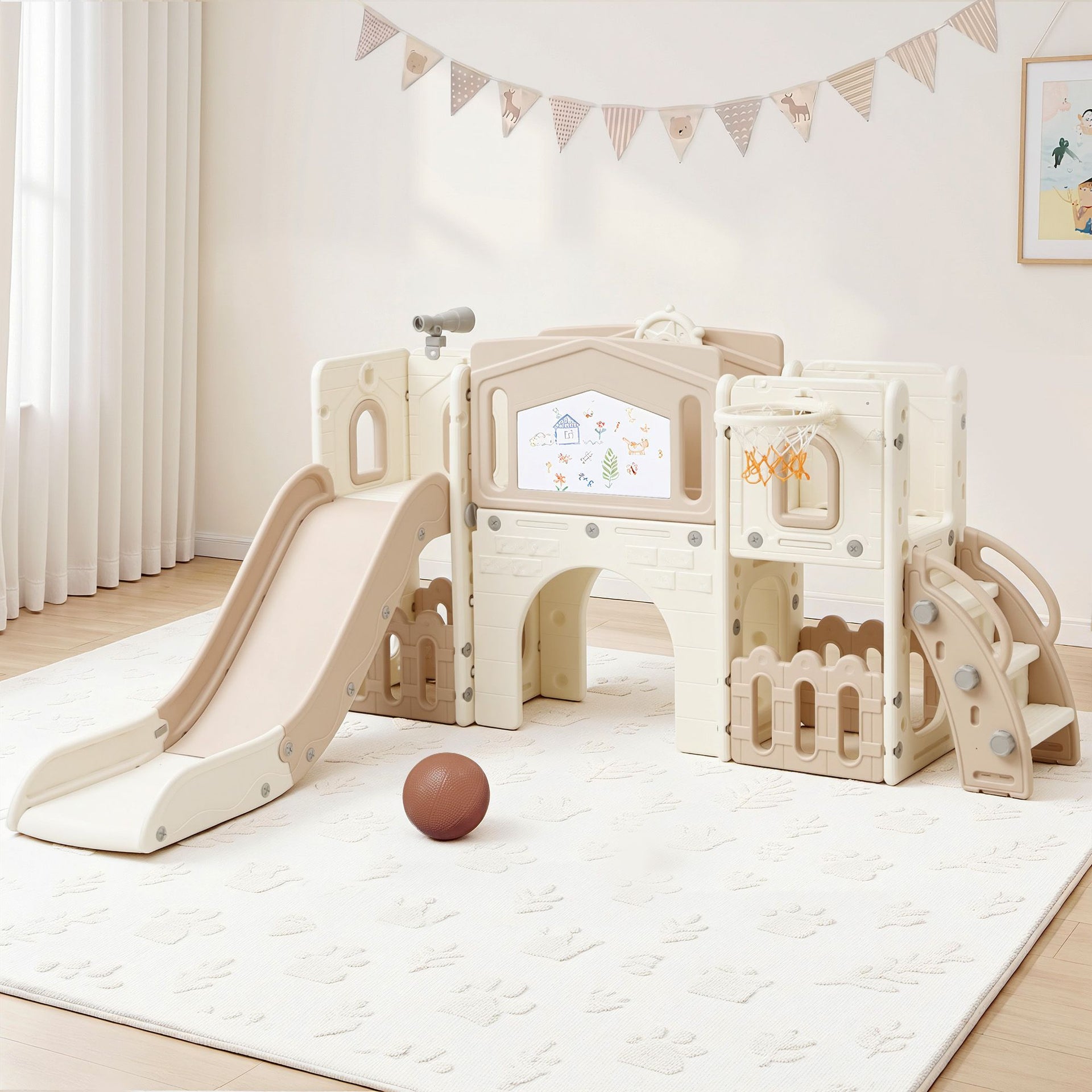 Keezi Kids Slide Set Toddler Indoor Playset With Drawing Board Beige Keezi