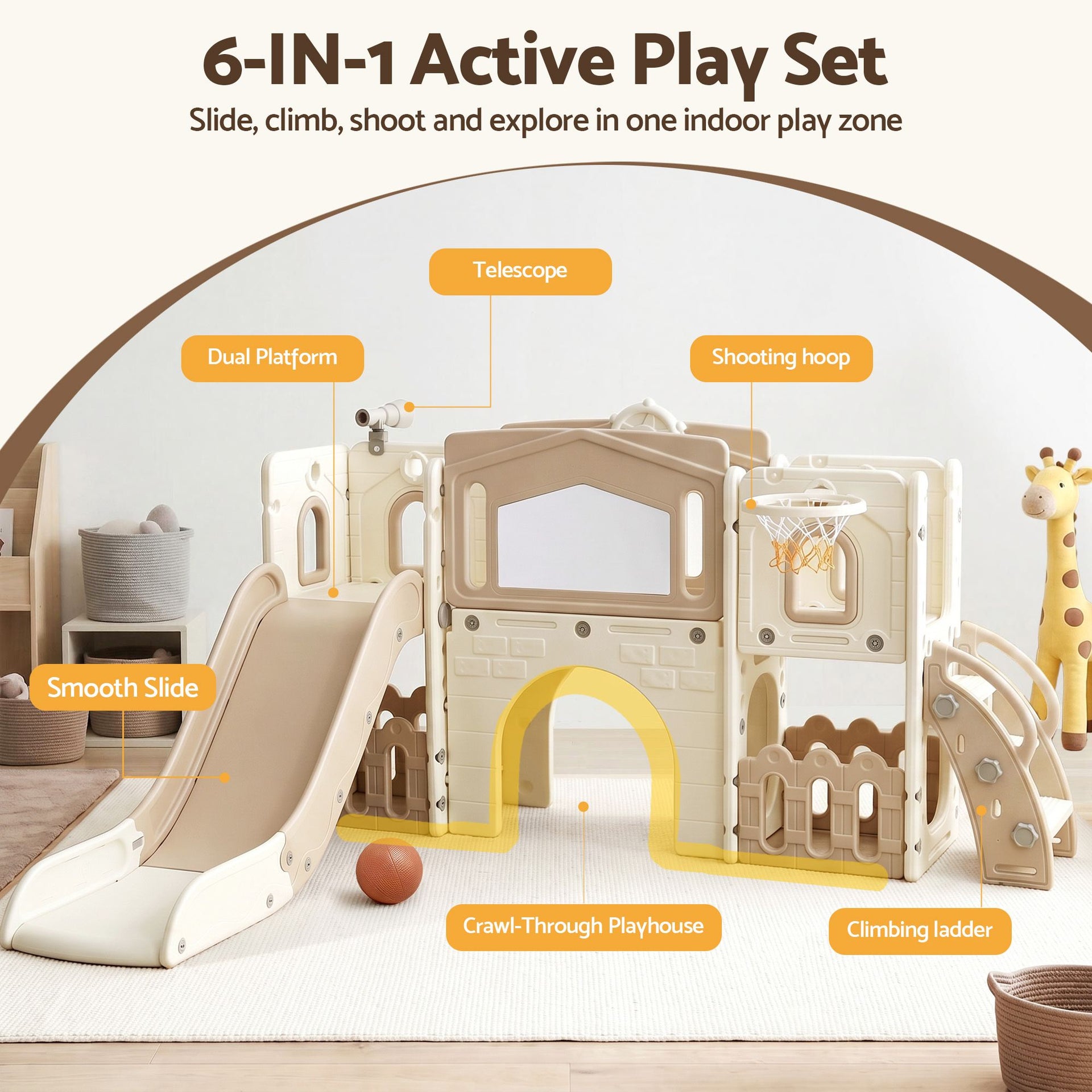 Keezi Kids Slide Set Toddler Indoor Playset With Drawing Board Beige Keezi