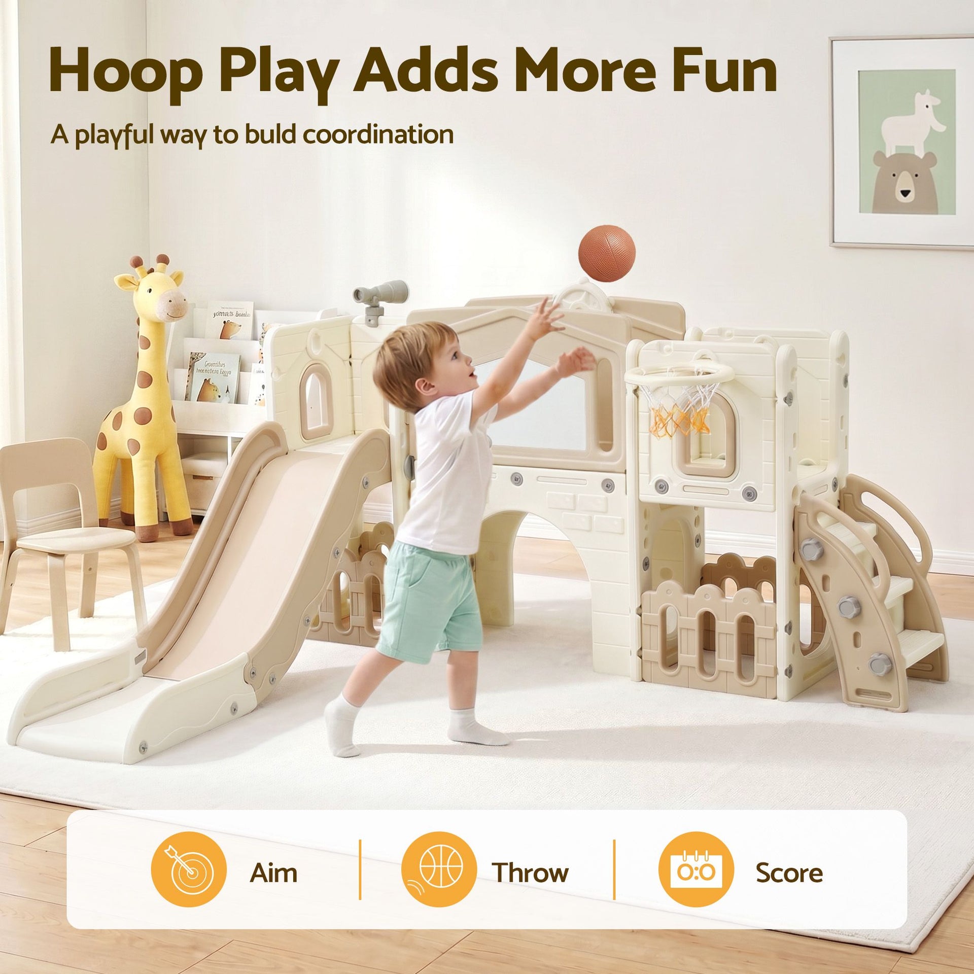 Keezi Kids Slide Set Toddler Indoor Playset With Drawing Board Beige Keezi
