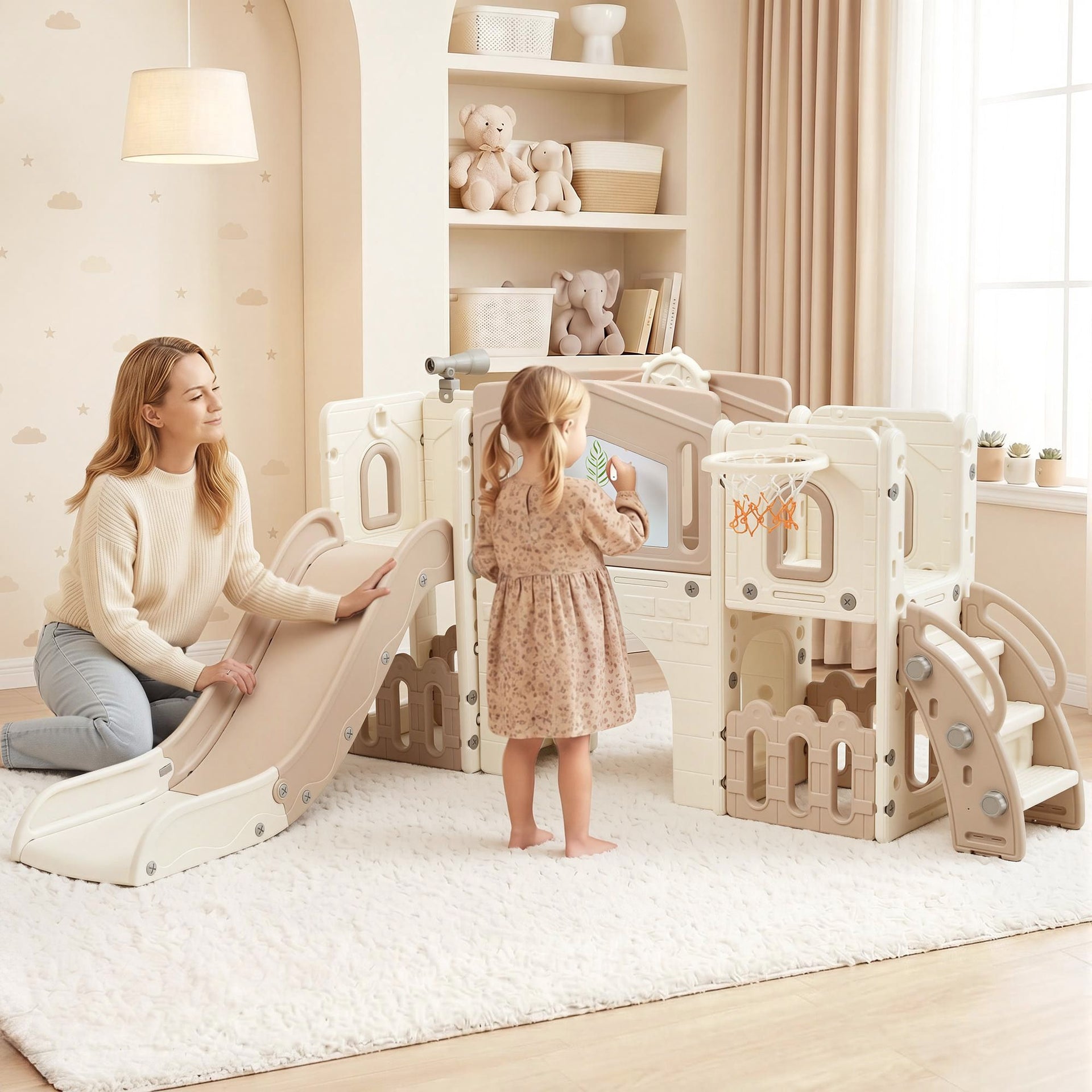 Keezi Kids Slide Set Toddler Indoor Playset With Drawing Board Beige Keezi