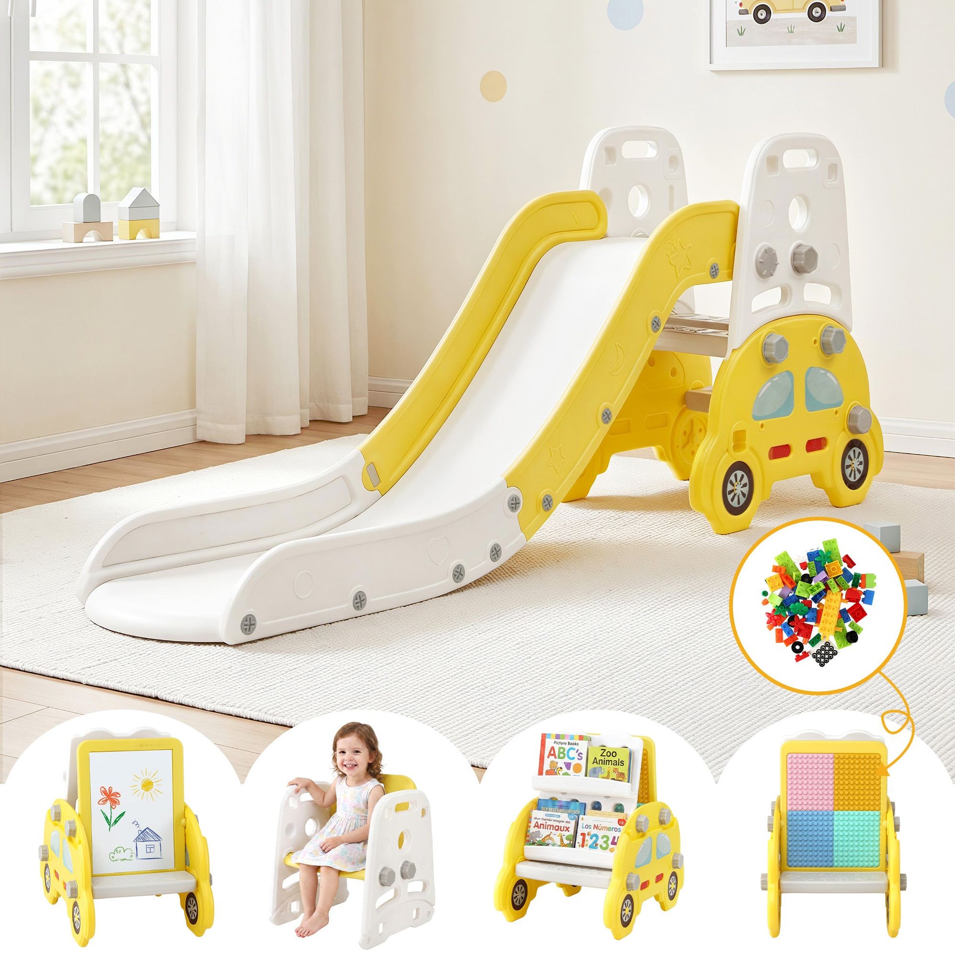 Keezi Kids Slide Set Toddler Indoor Playset Bookshelf Drawing Board Yellow Livemor