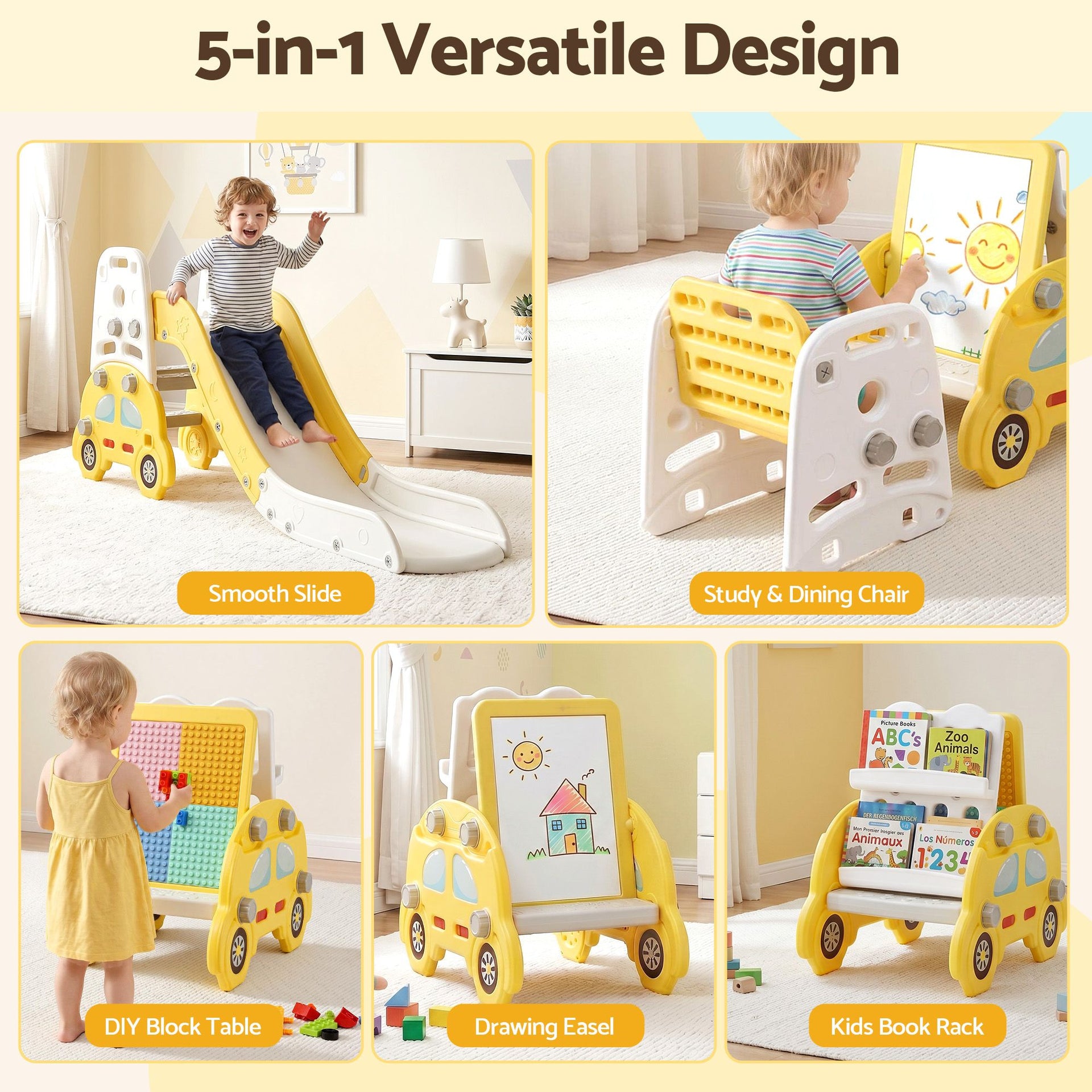 Keezi Kids Slide Set Toddler Indoor Playset Bookshelf Drawing Board Yellow Livemor