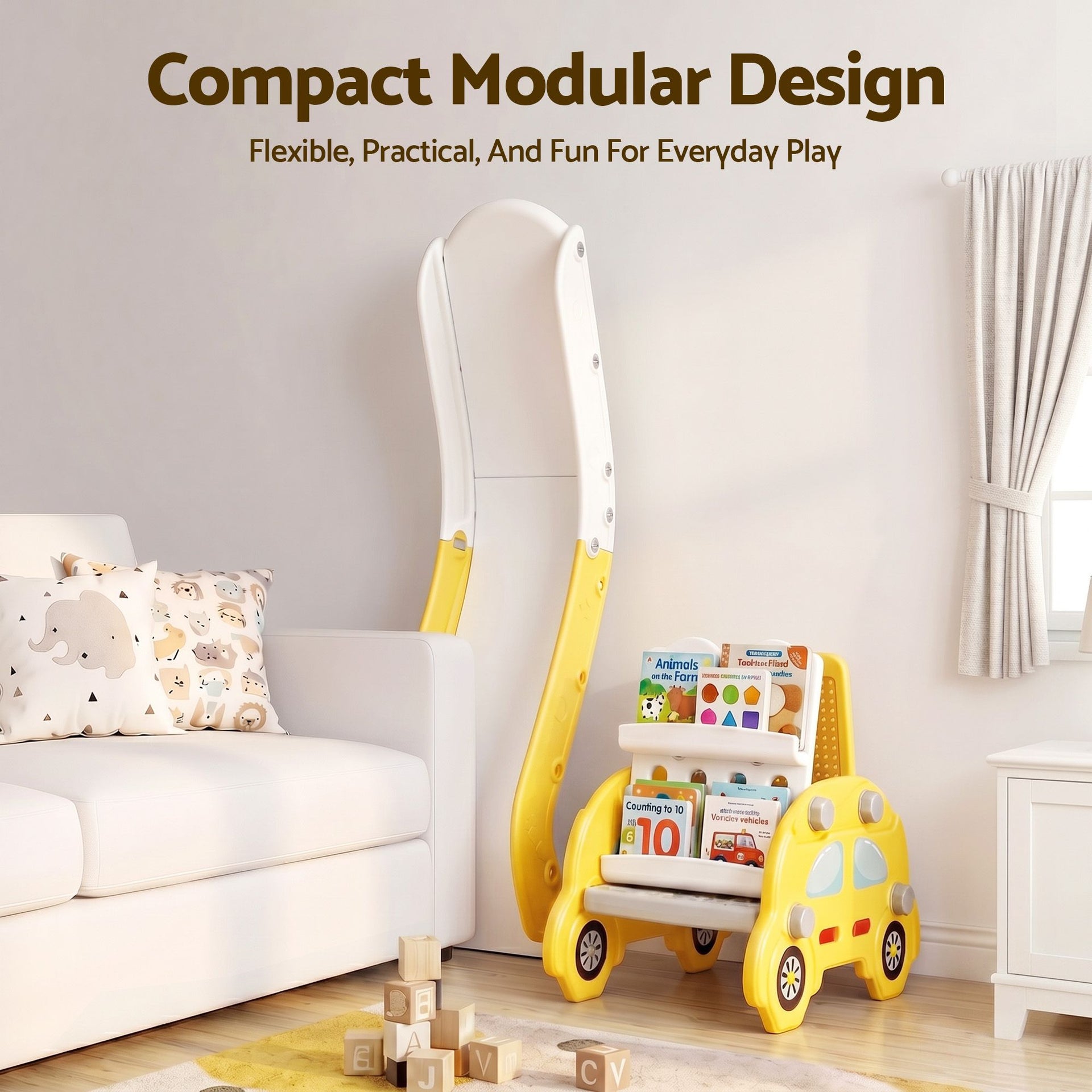 Keezi Kids Slide Set Toddler Indoor Playset Bookshelf Drawing Board Yellow Livemor
