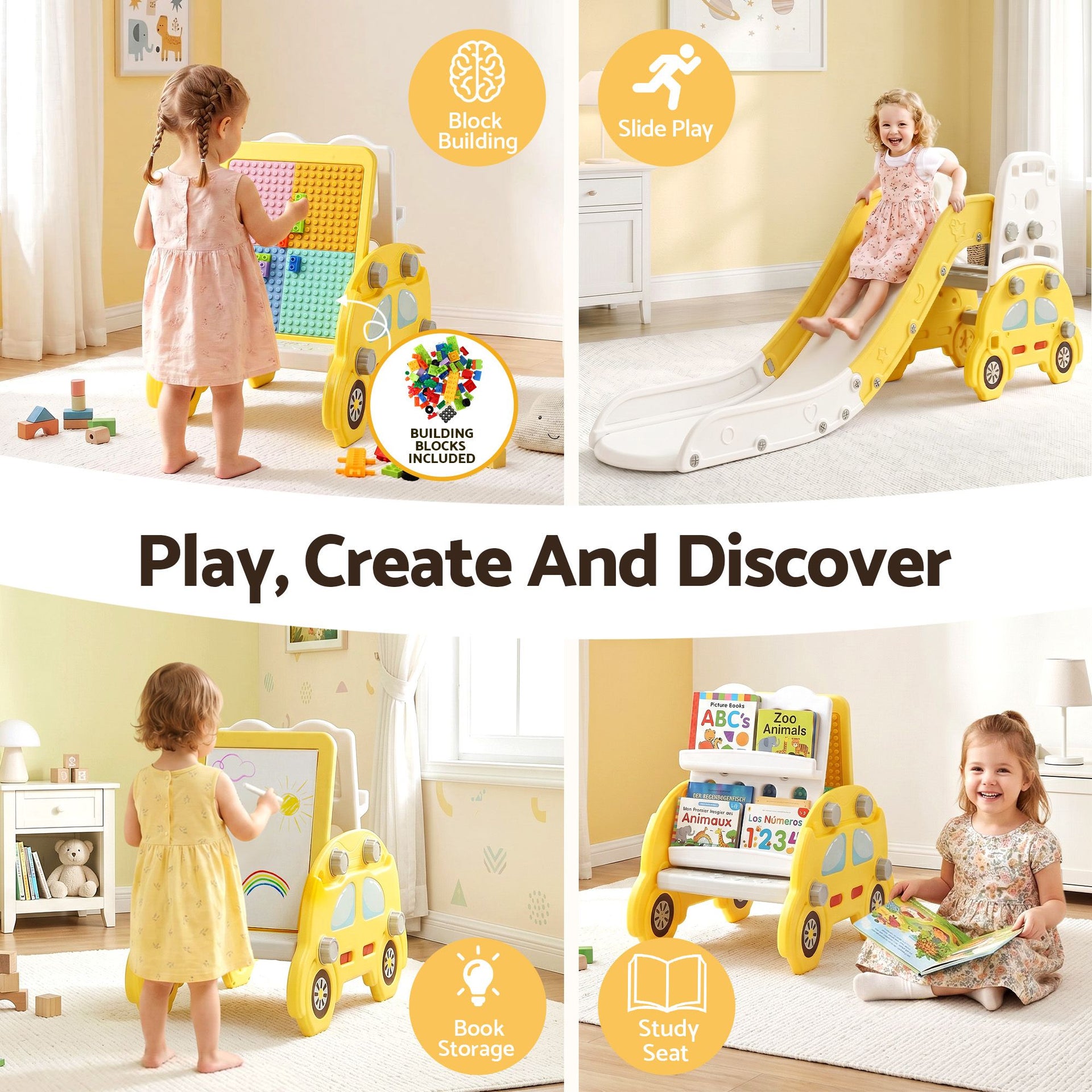 Keezi Kids Slide Set Toddler Indoor Playset Bookshelf Drawing Board Yellow Livemor