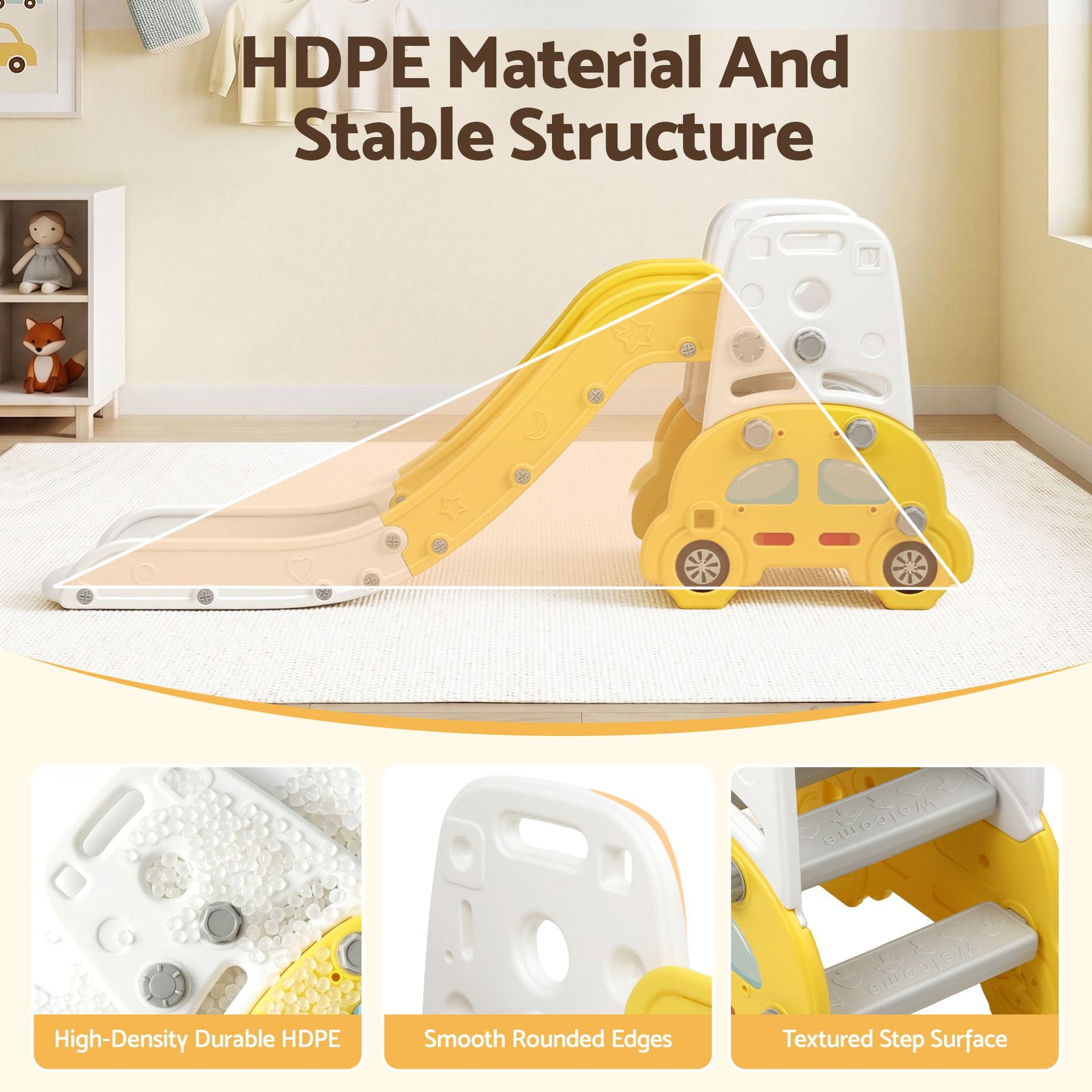 Keezi Kids Slide Set Toddler Indoor Playset Bookshelf Drawing Board Yellow Livemor
