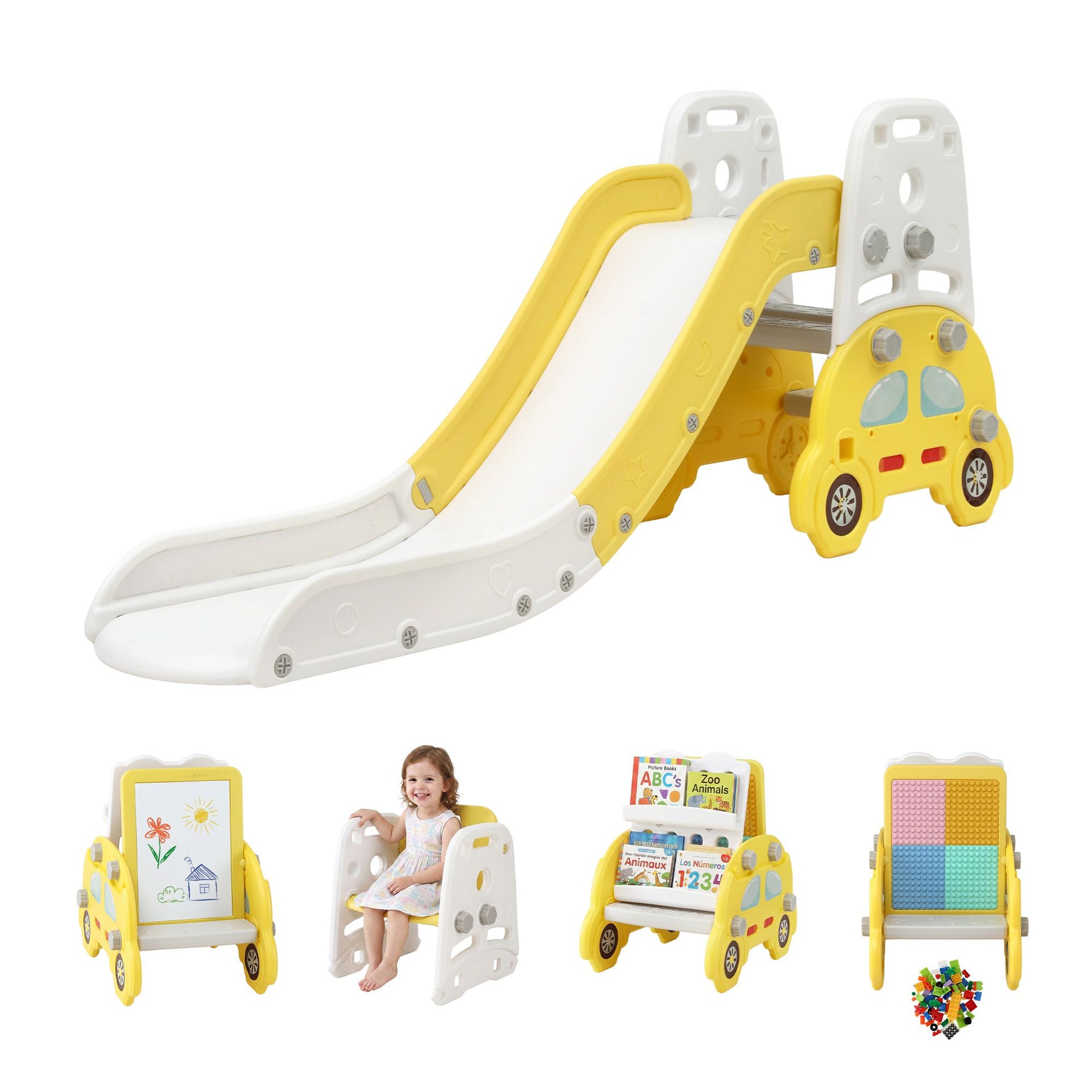 Keezi Kids Slide Set Toddler Indoor Playset Bookshelf Drawing Board Yellow Livemor