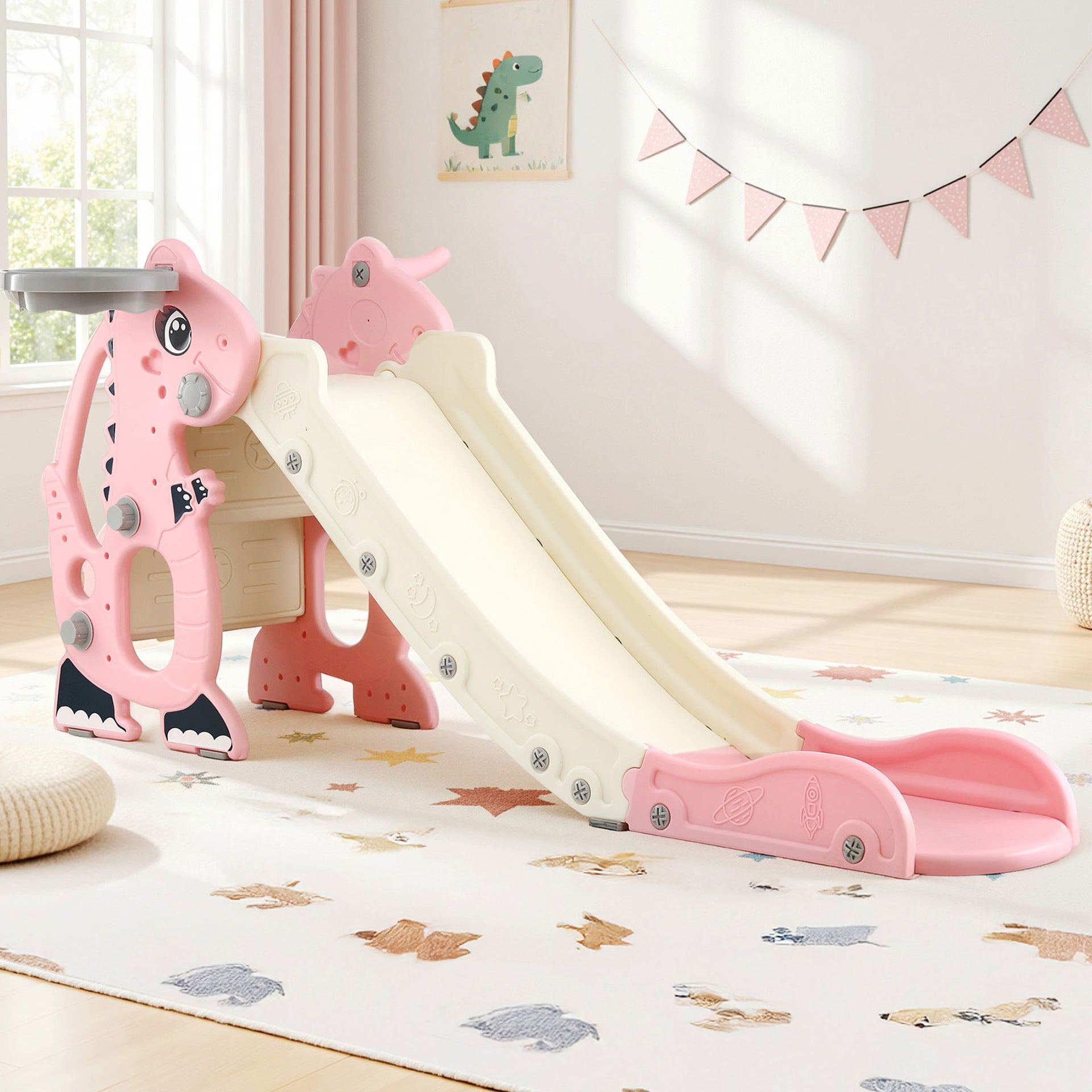 Keezi Kids Slide Set Basketball Hoop Outdoor Playground Toy Dragon 125cm Slide Pink Awezingly