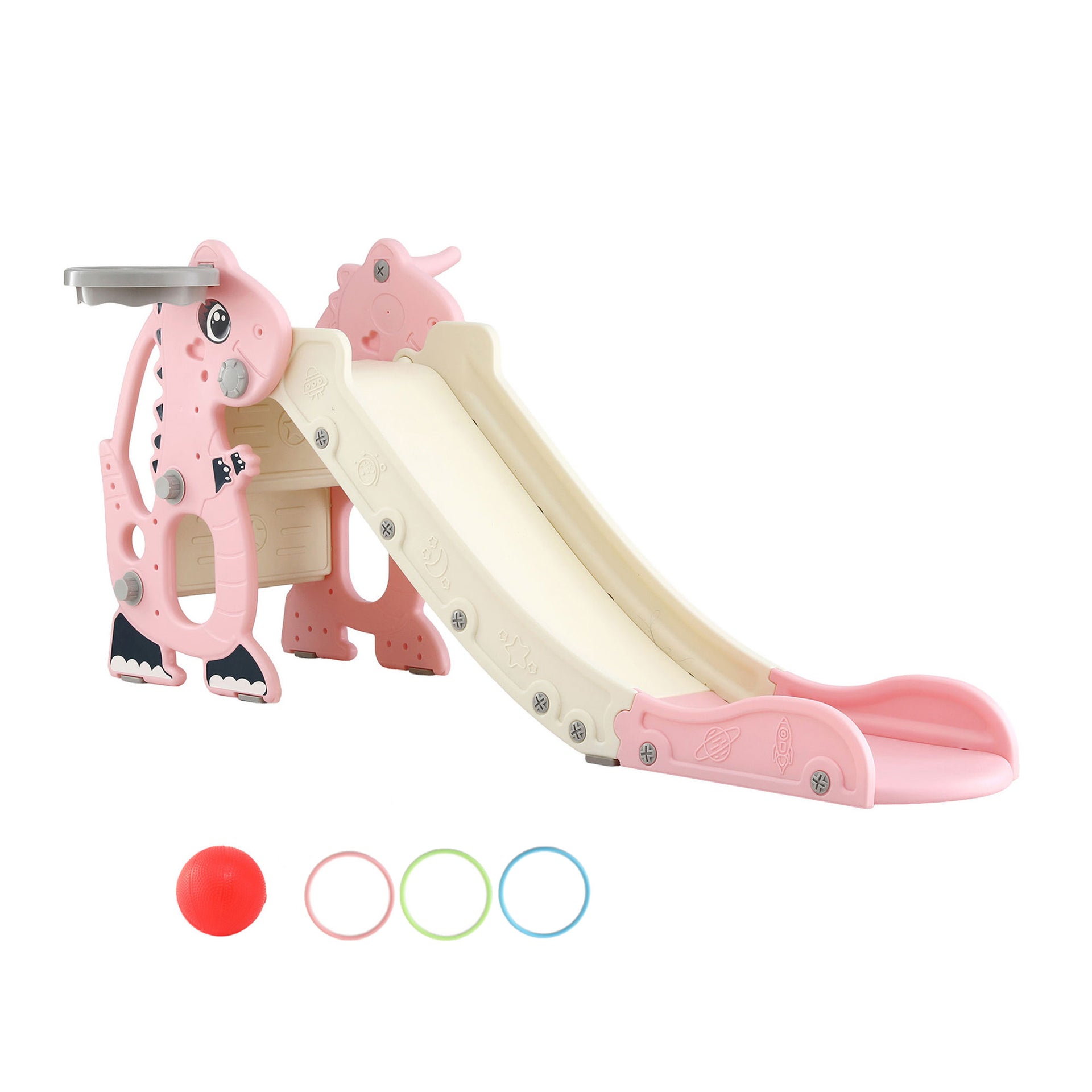 Keezi Kids Slide Set Basketball Hoop Outdoor Playground Toy Dragon 125cm Slide Pink Awezingly