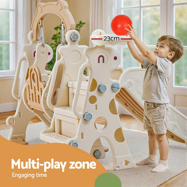 Keezi Kids Slide Swing Set Basketball Hoop Outdoor Playground Toys 160cm Beige Awezingly