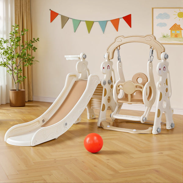 Keezi Kids Slide Swing Set Basketball Hoop Outdoor Playground Toys 160cm Beige Awezingly