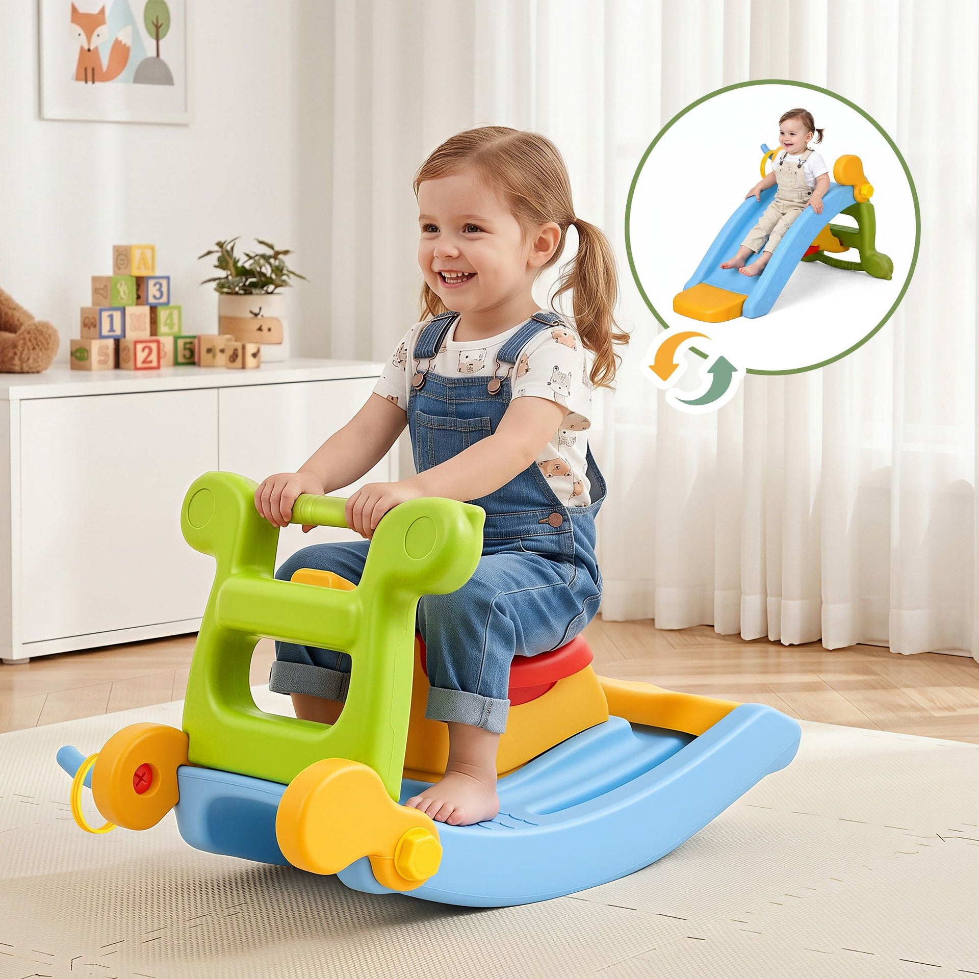 Keezi Kids Slide Set Toddler Indoor Playset Rocking Horse Ring Toss Multi Colour Awezingly