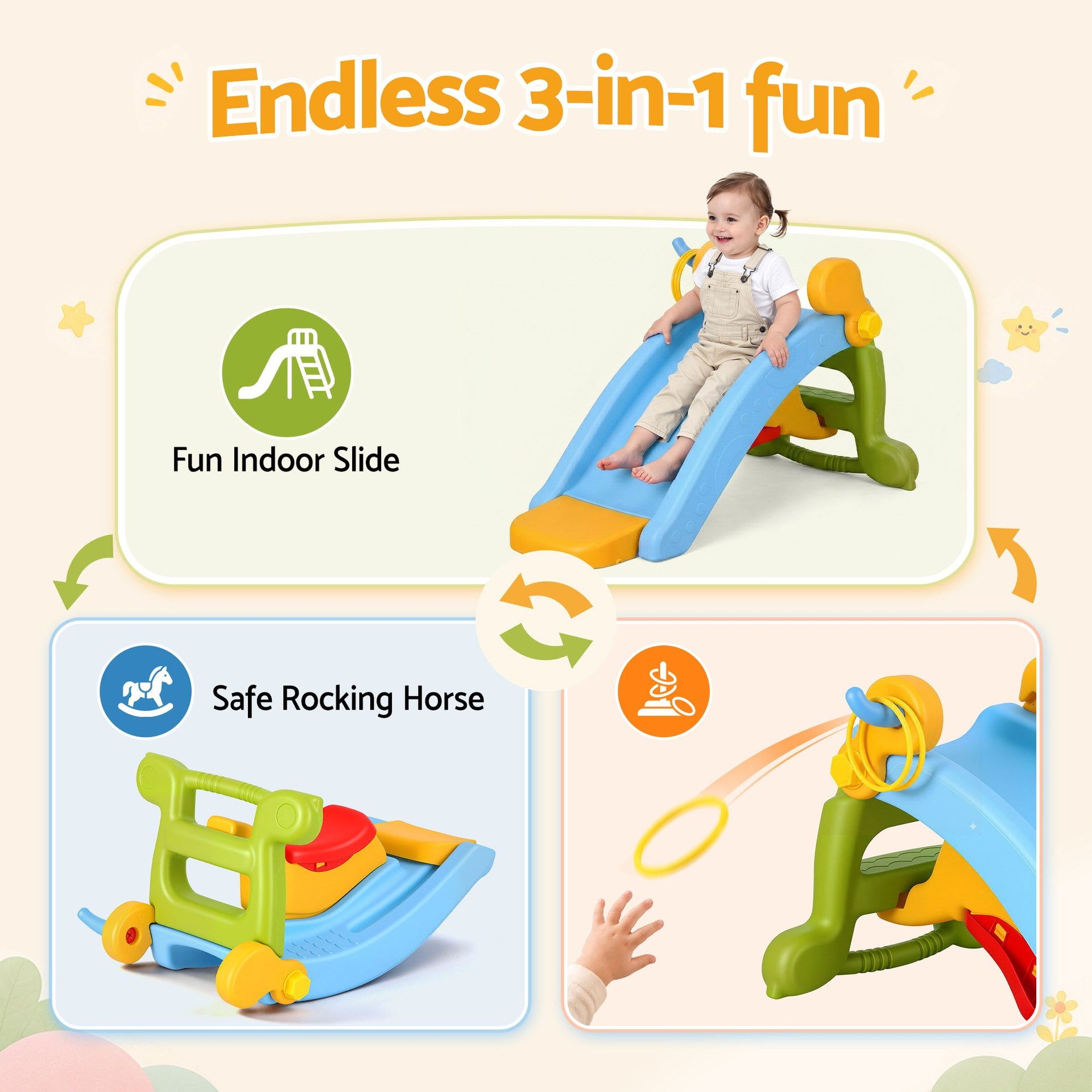 Keezi Kids Slide Set Toddler Indoor Playset Rocking Horse Ring Toss Multi Colour Awezingly