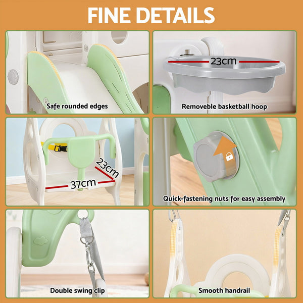 Keezi Kids Slide Swing Set Basketball Hoop Ring Football Outdoor Toys 140cm Green Awezingly