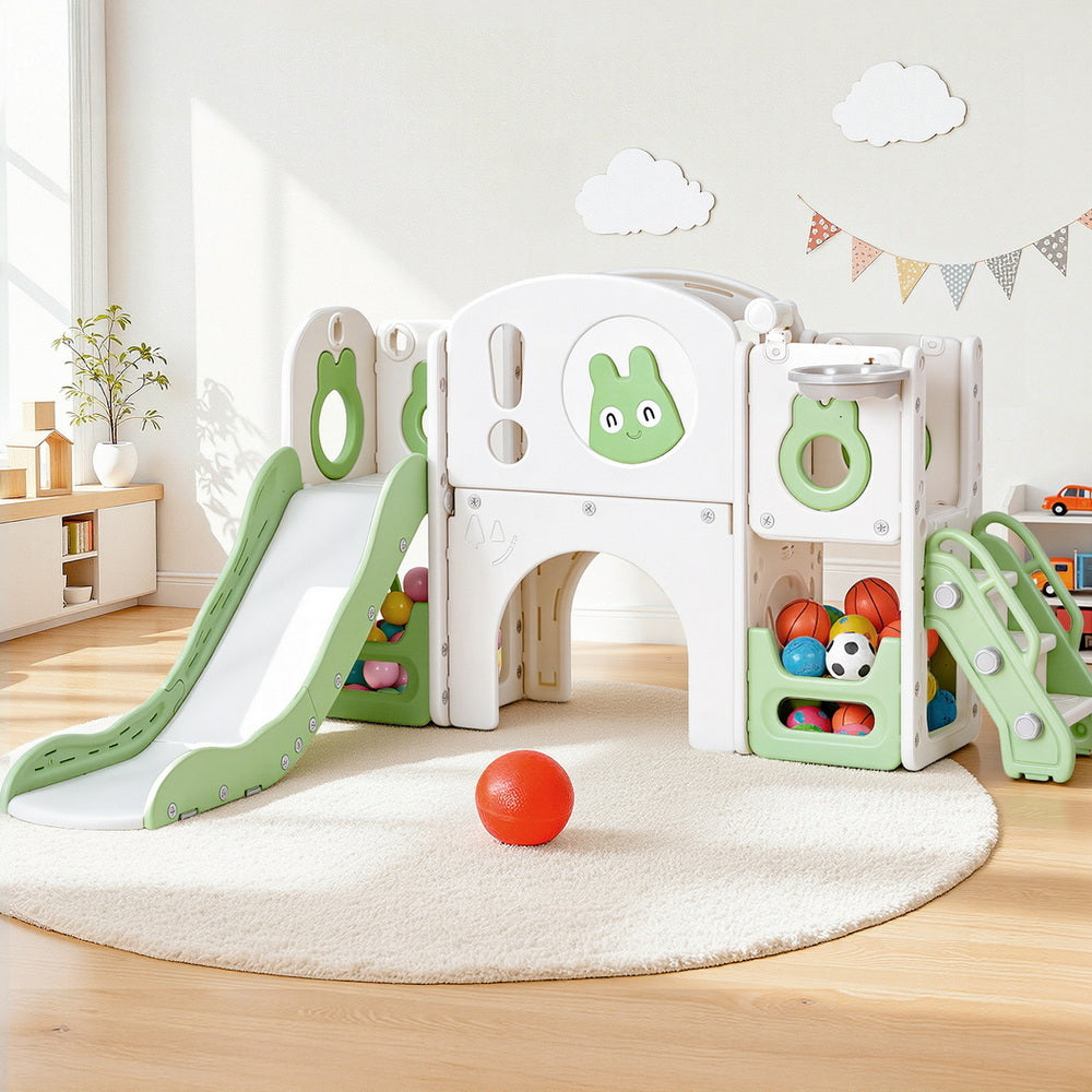 Keezi Kids Slide Swing Set Ball Hoop Rings Football Outdoor Toys Green Awezingly