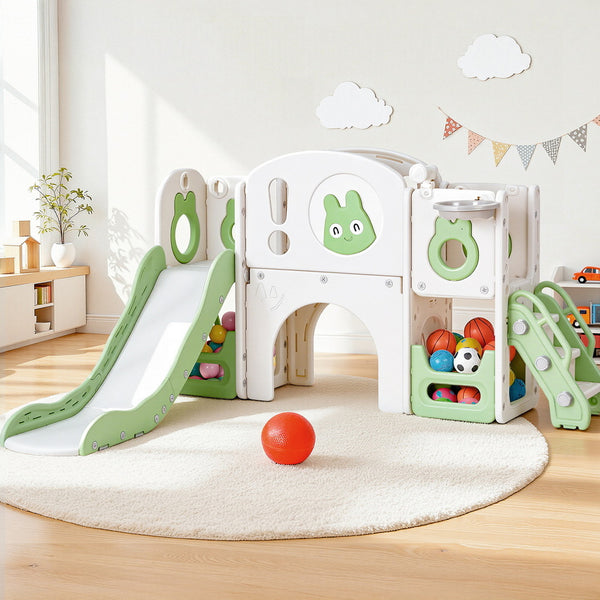 Keezi Kids Slide Swing Set Ball Hoop Rings Football Outdoor Toys Green Awezingly