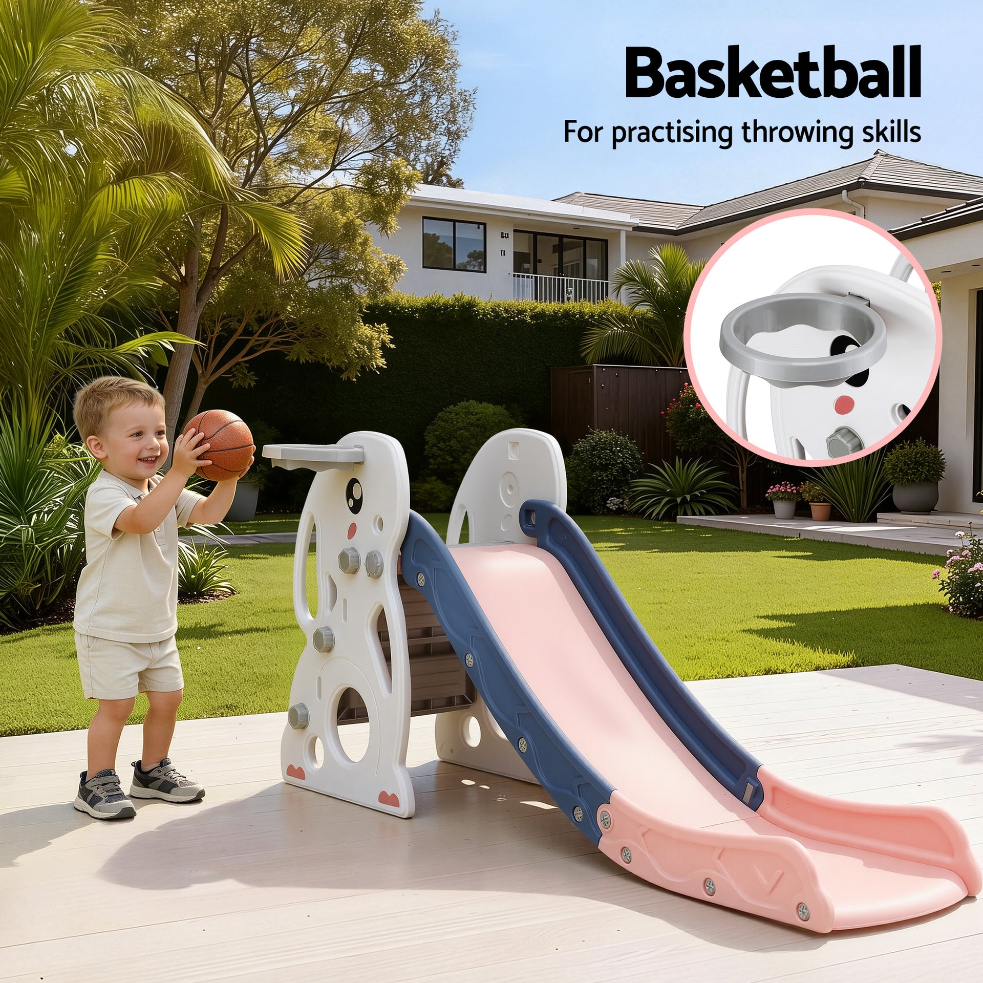 Keezi Kids Slide Set Basketball Hoop Ring Outdoor Playground Toy Rabbit 147cm Awezingly