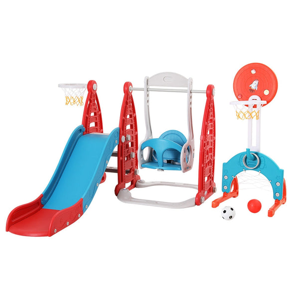 Keezi Kids Slide Swing Set Basketball Hoop Rings Football Outdoor Toys 140cm Red Keezi