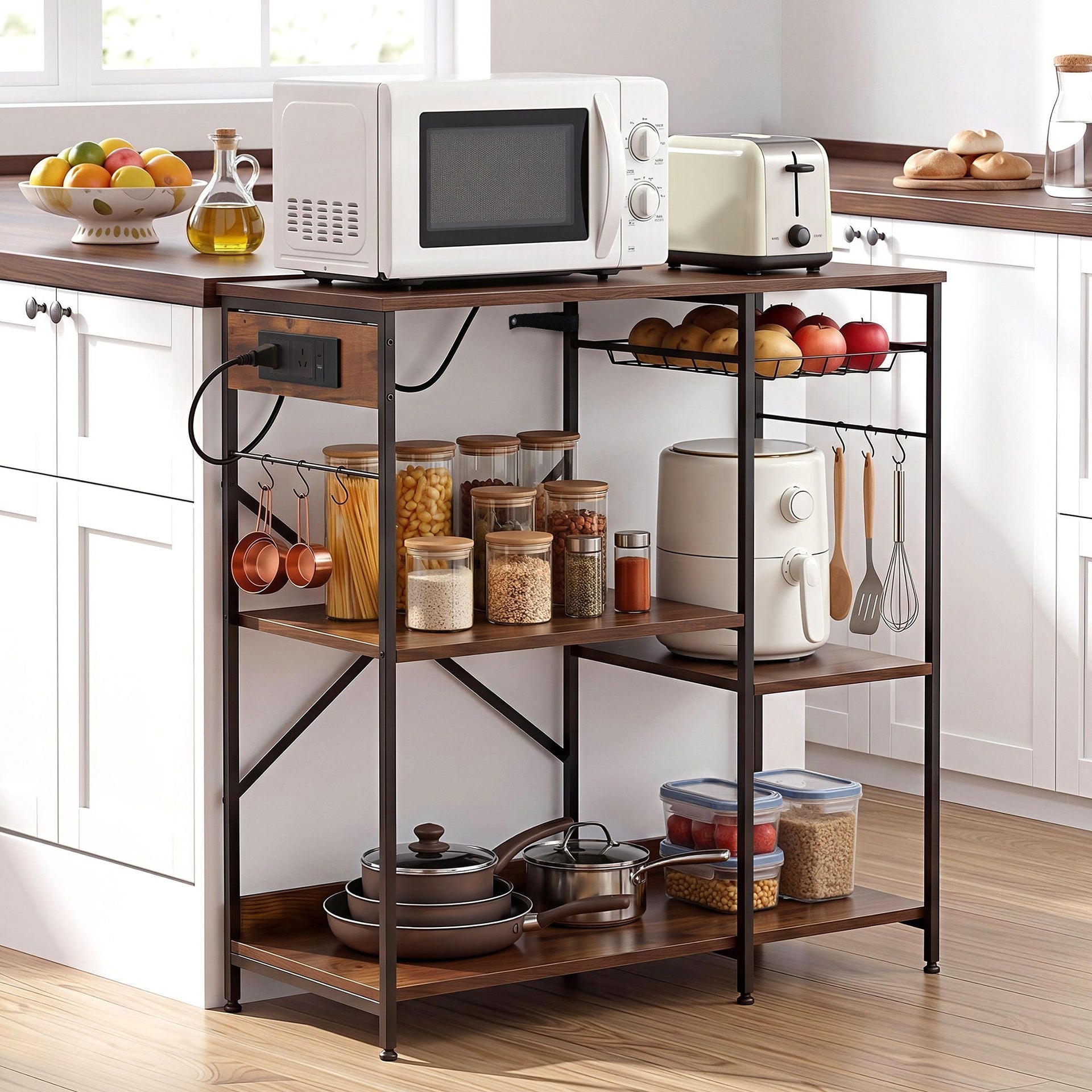 Artiss 3-Tier Kitchen Rack with 2 Power Outlets Microwave Storage Shelf 6 Hooks 90CM Awezingly