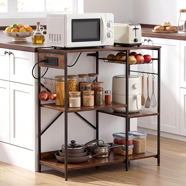 Artiss 3-Tier Kitchen Rack with 2 Power Outlets Microwave Storage Shelf 6 Hooks 90CM Awezingly