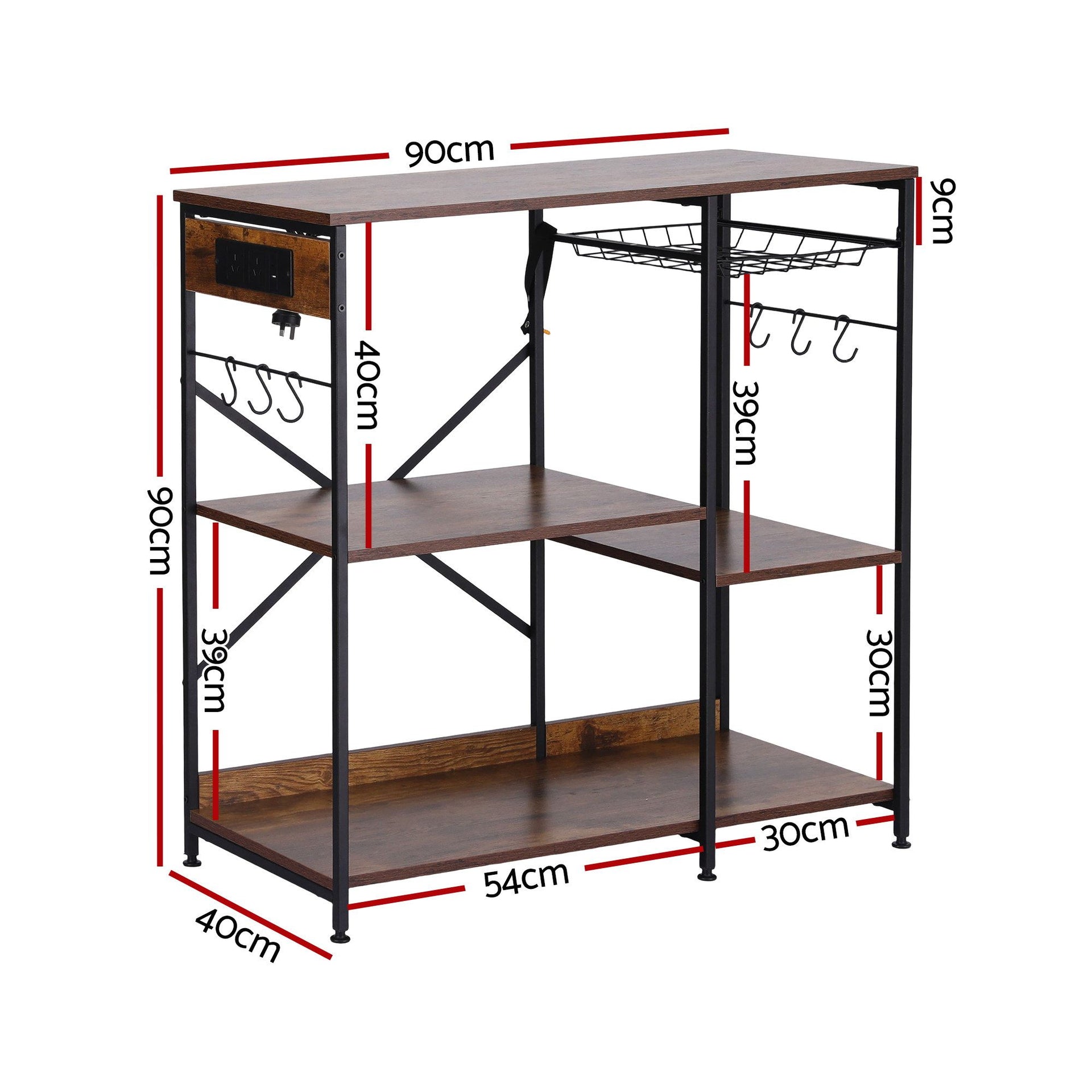 Artiss 3-Tier Kitchen Rack with 2 Power Outlets Microwave Storage Shelf 6 Hooks 90CM Awezingly