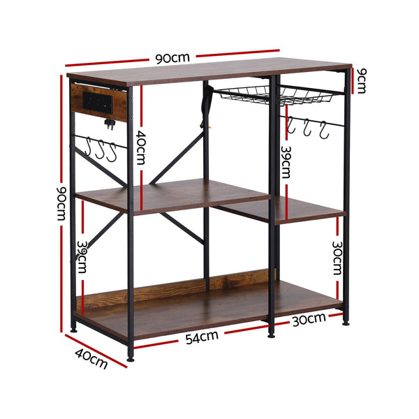 Artiss 3-Tier Kitchen Rack with 2 Power Outlets Microwave Storage Shelf 6 Hooks 90CM Awezingly