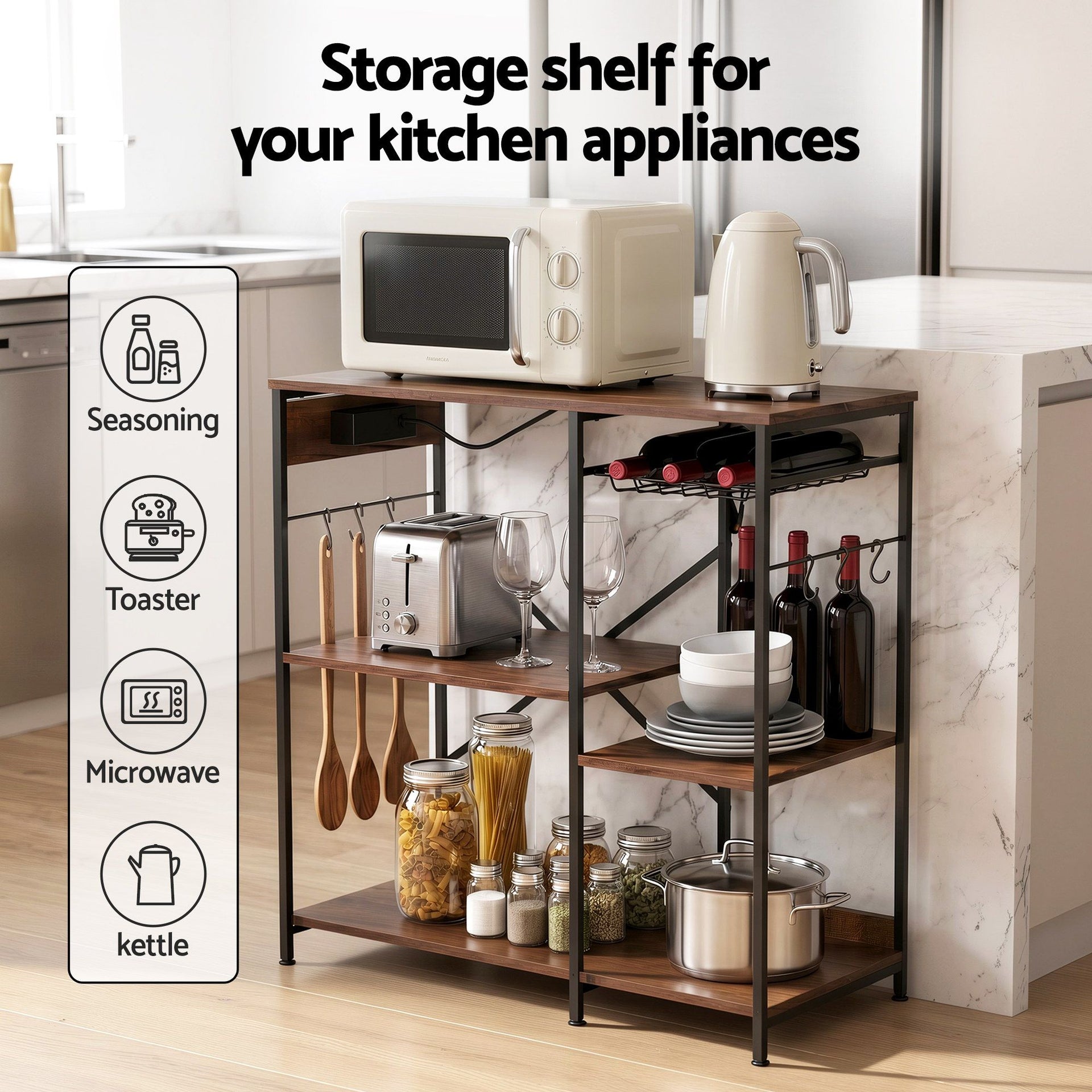 Artiss 3-Tier Kitchen Rack with 2 Power Outlets Microwave Storage Shelf 6 Hooks 90CM Awezingly