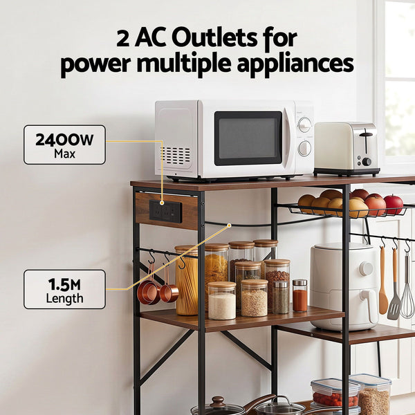 Artiss 3-Tier Kitchen Rack with 2 Power Outlets Microwave Storage Shelf 6 Hooks 90CM Awezingly