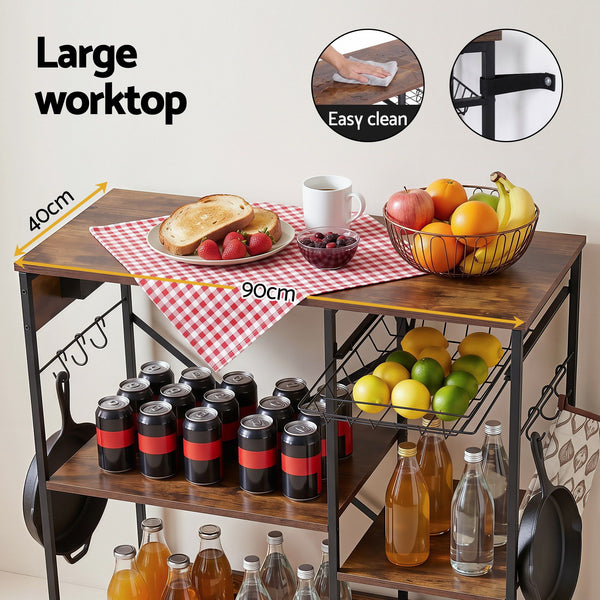 Artiss 3-Tier Kitchen Rack with 2 Power Outlets Microwave Storage Shelf 6 Hooks 90CM Awezingly