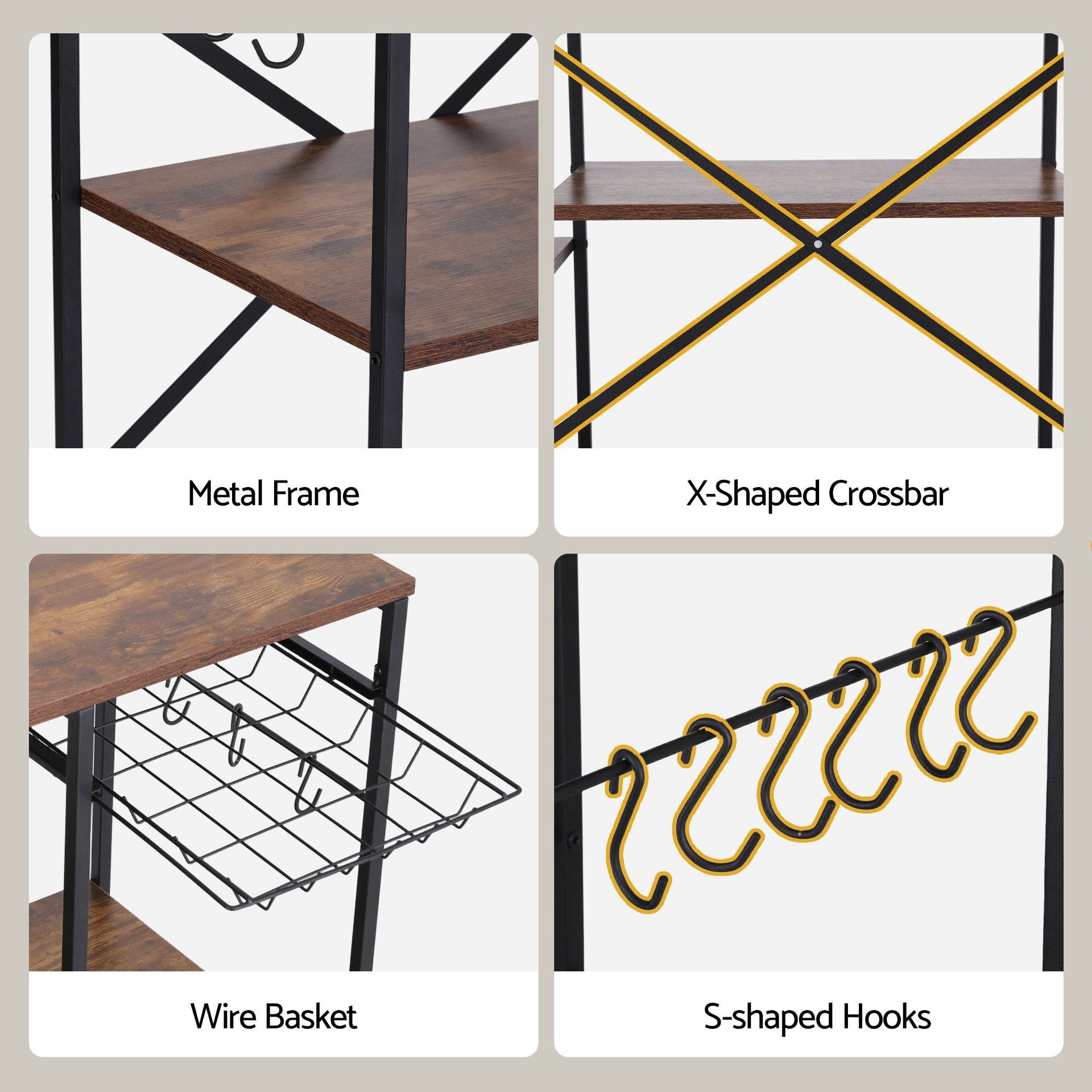Artiss 3-Tier Kitchen Rack with 2 Power Outlets Microwave Storage Shelf 6 Hooks 90CM Awezingly