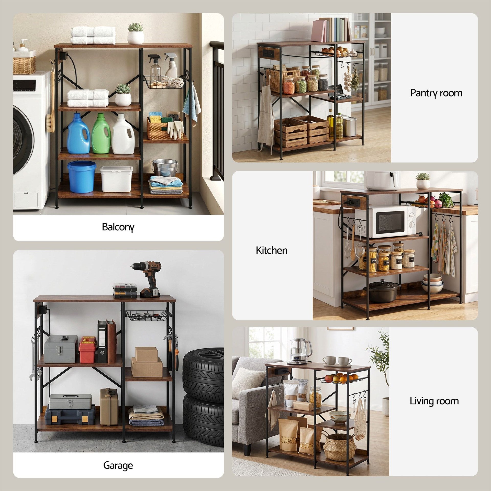 Artiss 3-Tier Kitchen Rack with 2 Power Outlets Microwave Storage Shelf 6 Hooks 90CM Awezingly