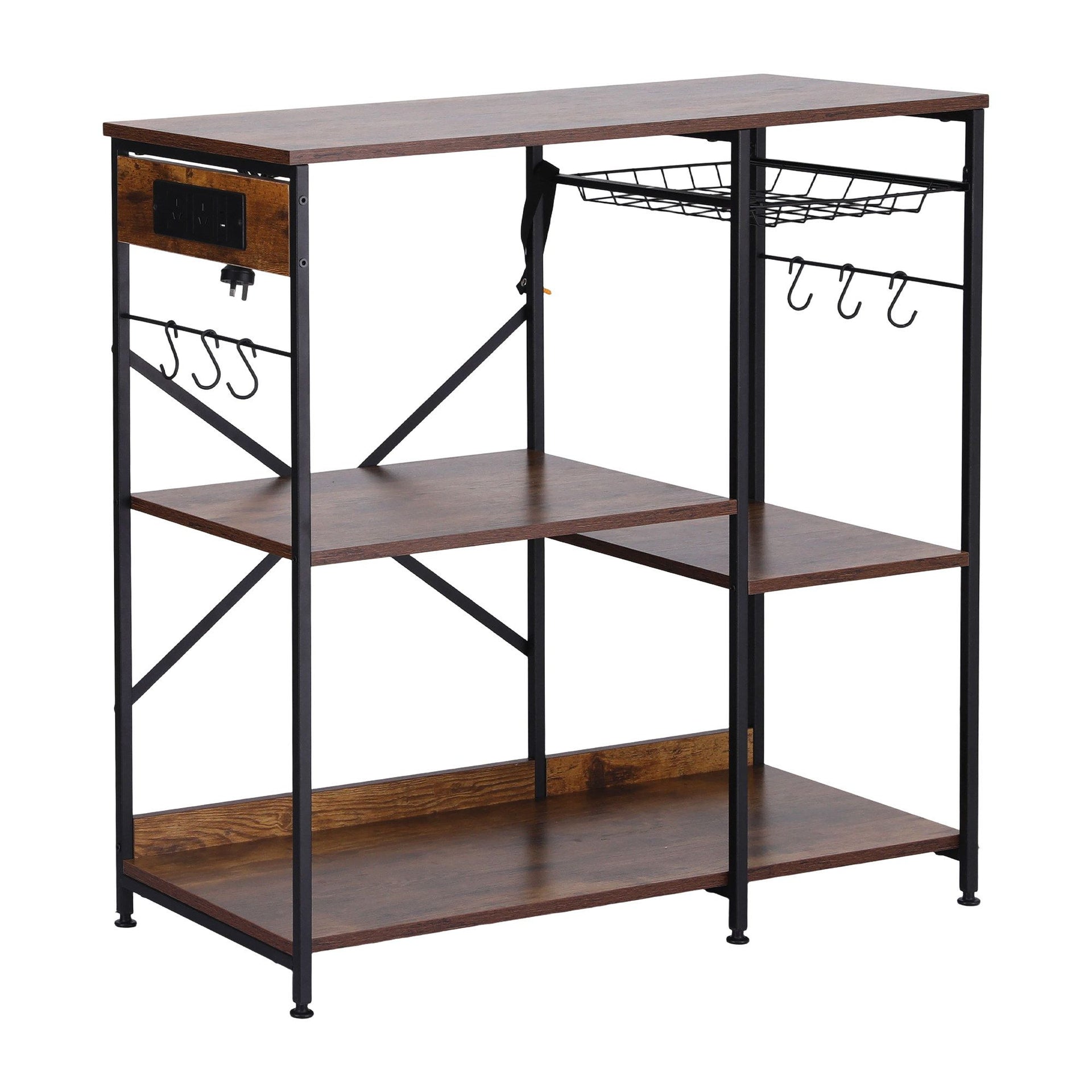 Artiss 3-Tier Kitchen Rack with 2 Power Outlets Microwave Storage Shelf 6 Hooks 90CM Awezingly