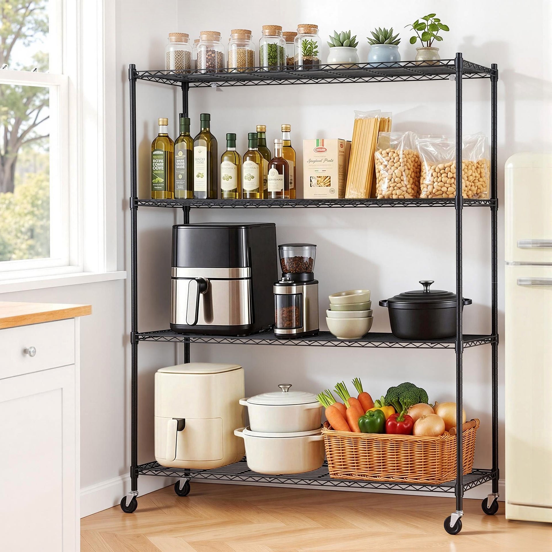 Artiss 4-Tier Kitchen Rack Shelf with Wheels Shelving 152x45x187CM Adjustable Metal Storage Shelves Awezingly