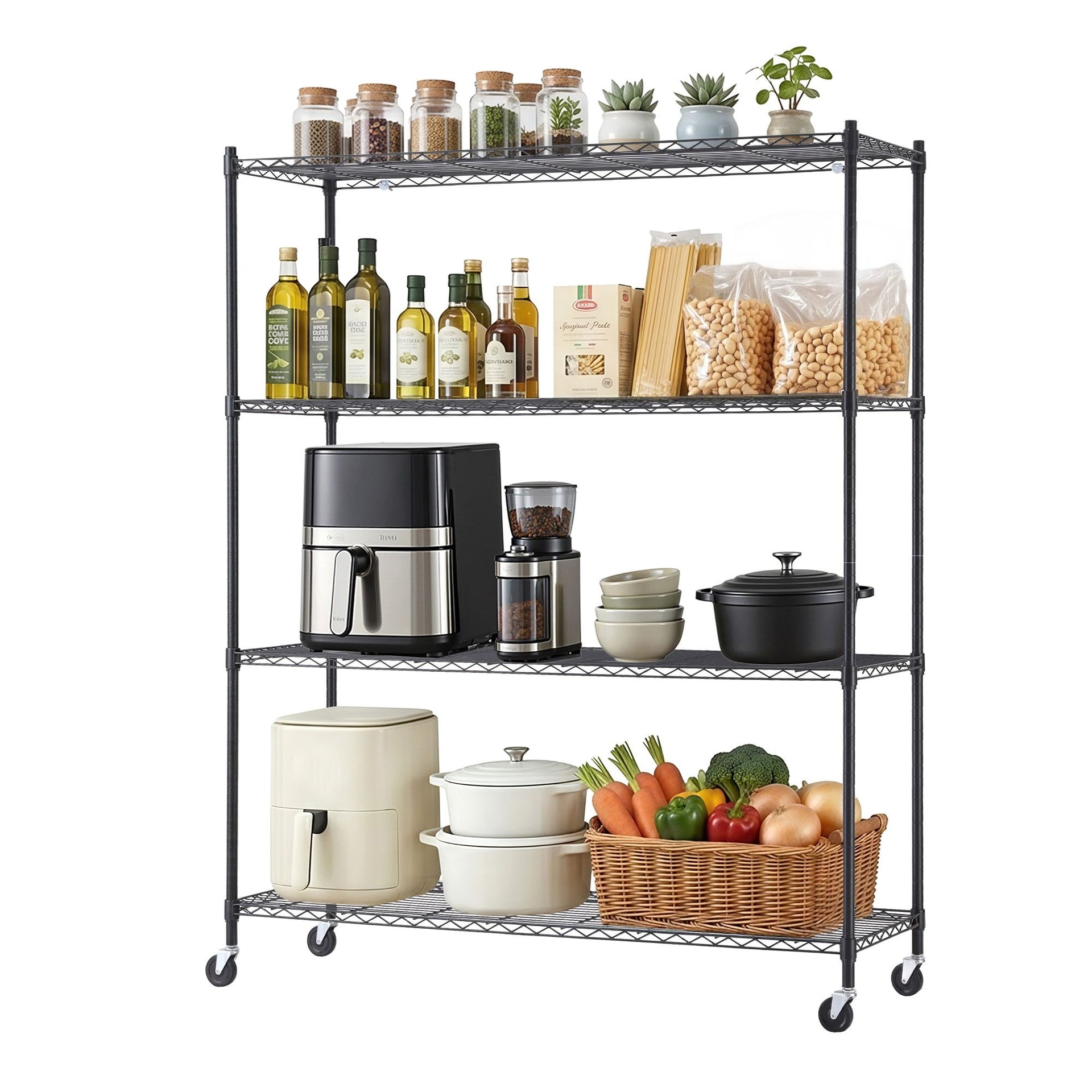 Artiss 4-Tier Kitchen Rack Shelf with Wheels Shelving 152x45x187CM Adjustable Metal Storage Shelves Awezingly