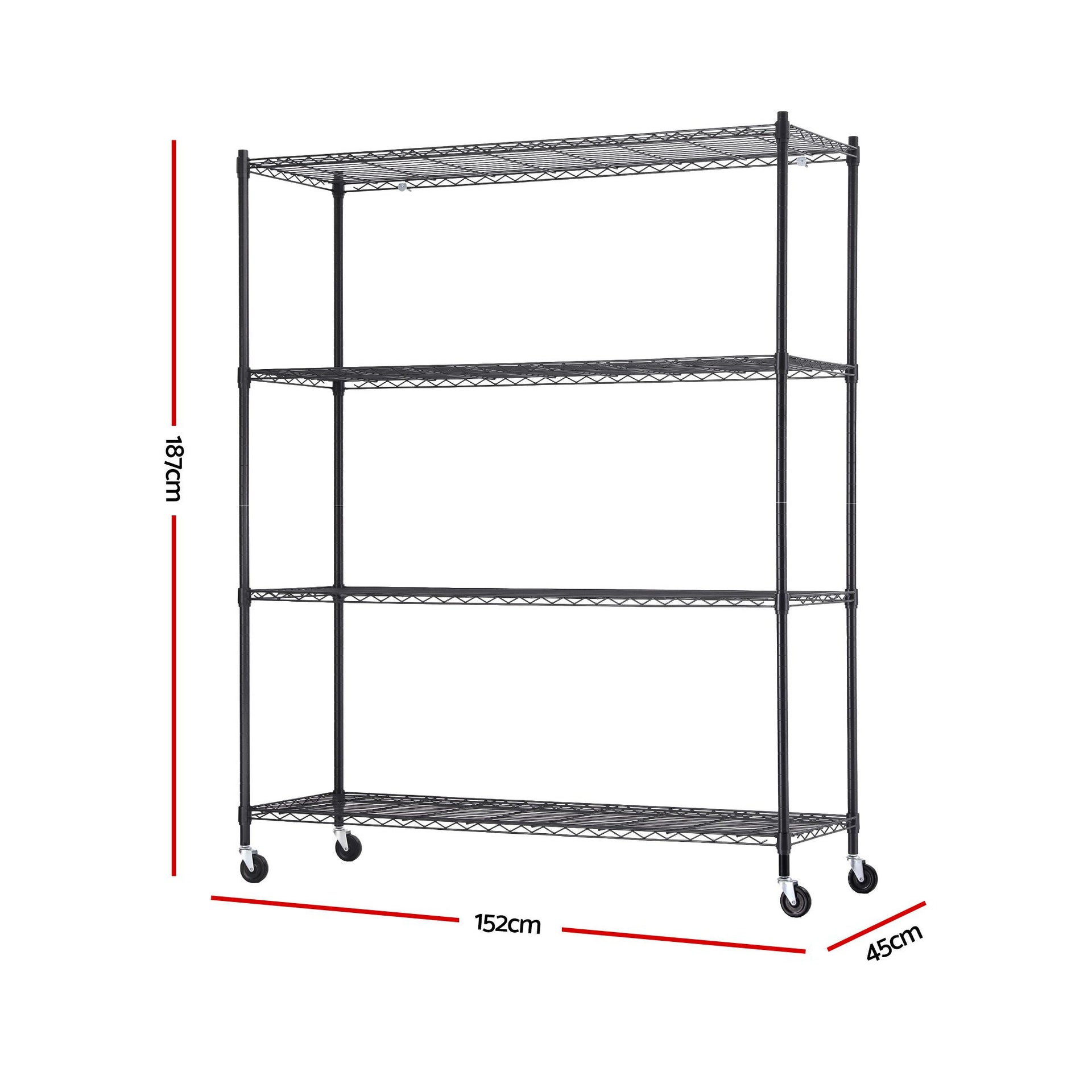 Artiss 4-Tier Kitchen Rack Shelf with Wheels Shelving 152x45x187CM Adjustable Metal Storage Shelves Awezingly