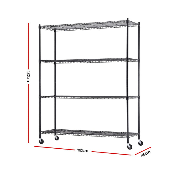 Artiss 4-Tier Kitchen Rack Shelf with Wheels Shelving 152x45x187CM Adjustable Metal Storage Shelves Awezingly