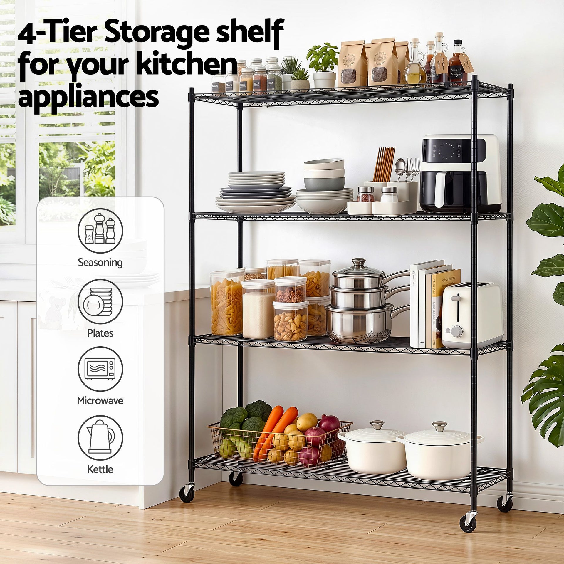 Artiss 4-Tier Kitchen Rack Shelf with Wheels Shelving 152x45x187CM Adjustable Metal Storage Shelves Awezingly