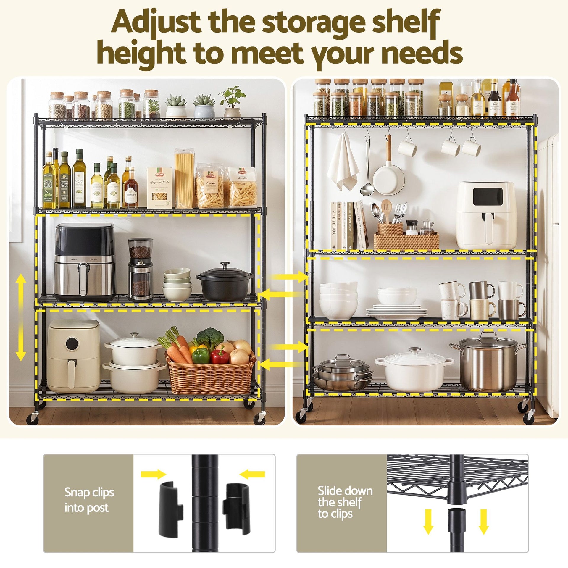 Artiss 4-Tier Kitchen Rack Shelf with Wheels Shelving 152x45x187CM Adjustable Metal Storage Shelves Awezingly