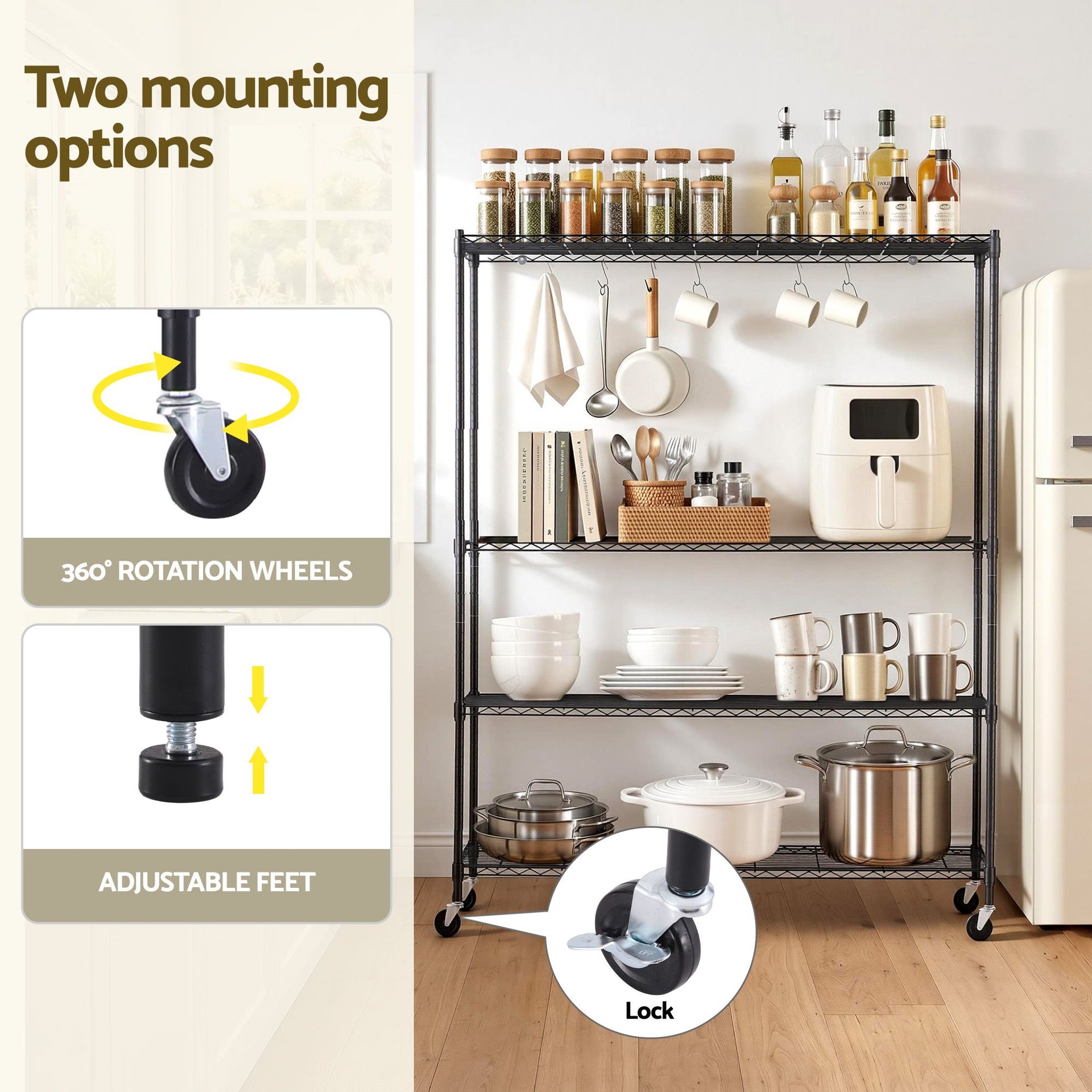 Artiss 4-Tier Kitchen Rack Shelf with Wheels Shelving 152x45x187CM Adjustable Metal Storage Shelves Awezingly