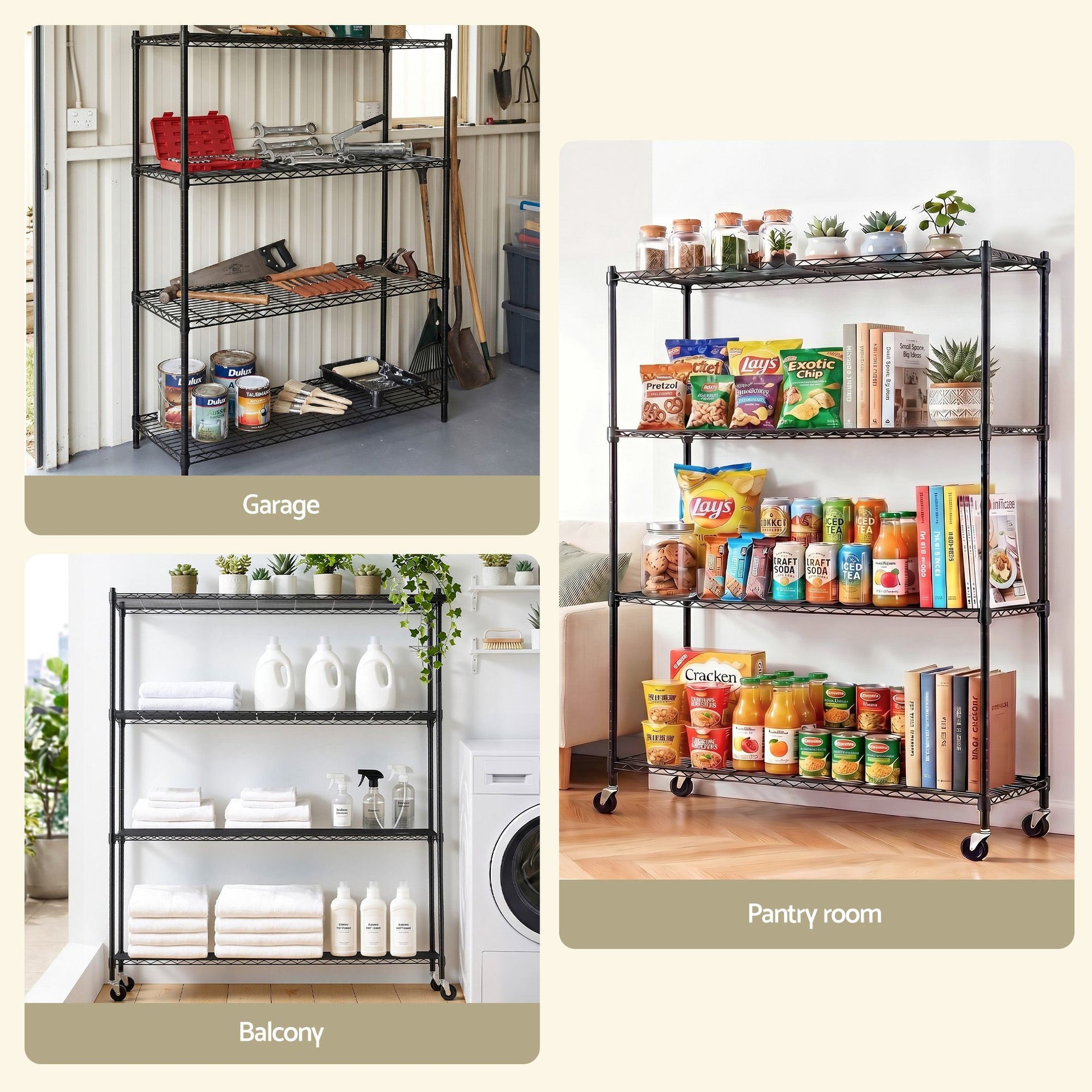 Artiss 4-Tier Kitchen Rack Shelf with Wheels Shelving 152x45x187CM Adjustable Metal Storage Shelves Awezingly