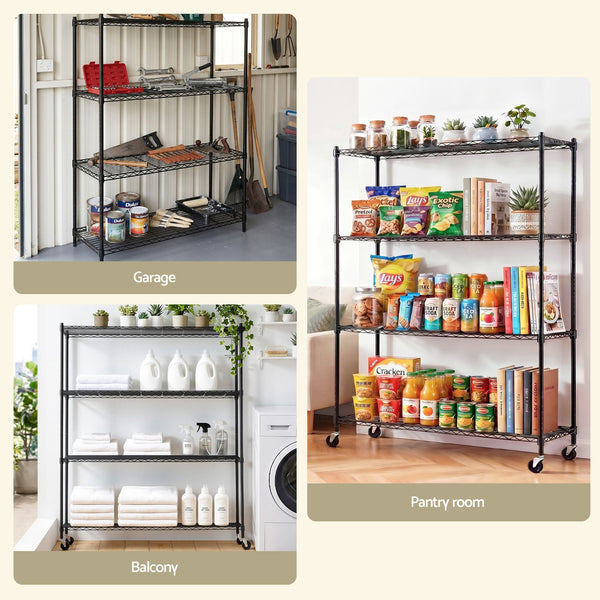 Artiss 4-Tier Kitchen Rack Shelf with Wheels Shelving 152x45x187CM Adjustable Metal Storage Shelves Awezingly