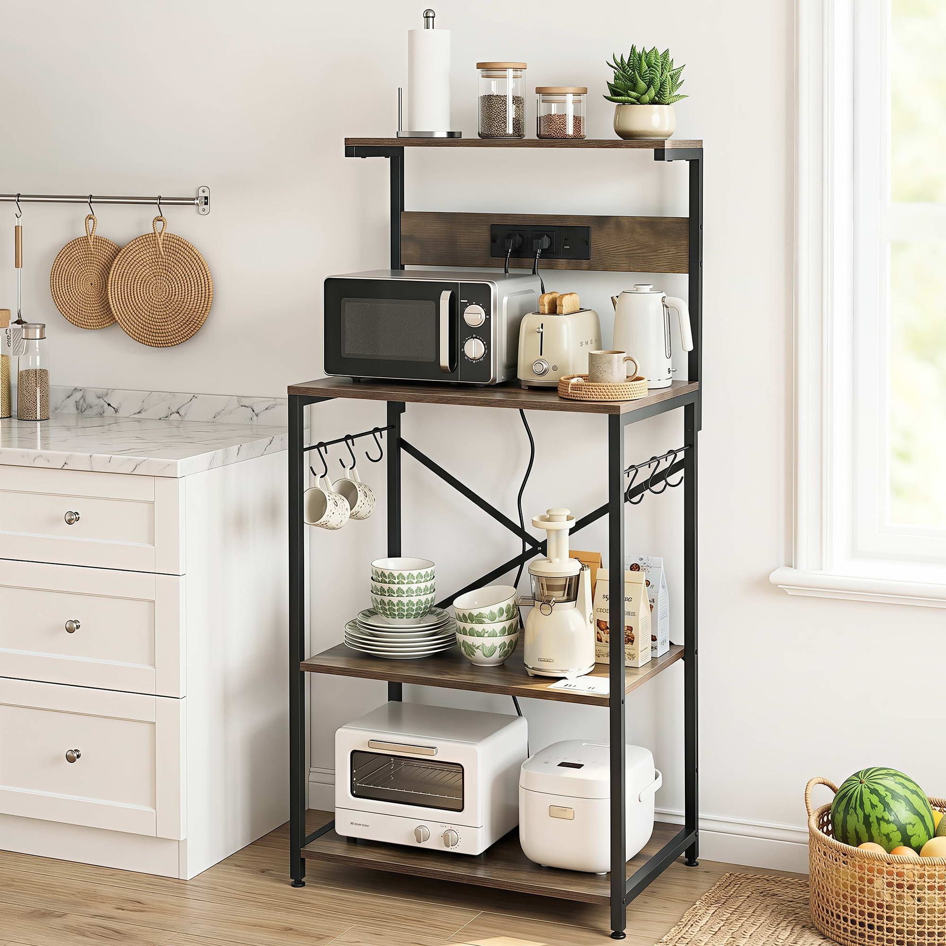 Artiss 4-Tier Kitchen Rack with 2 Power Outlets 6 Hooks Microwave Storage Shelf Awezingly