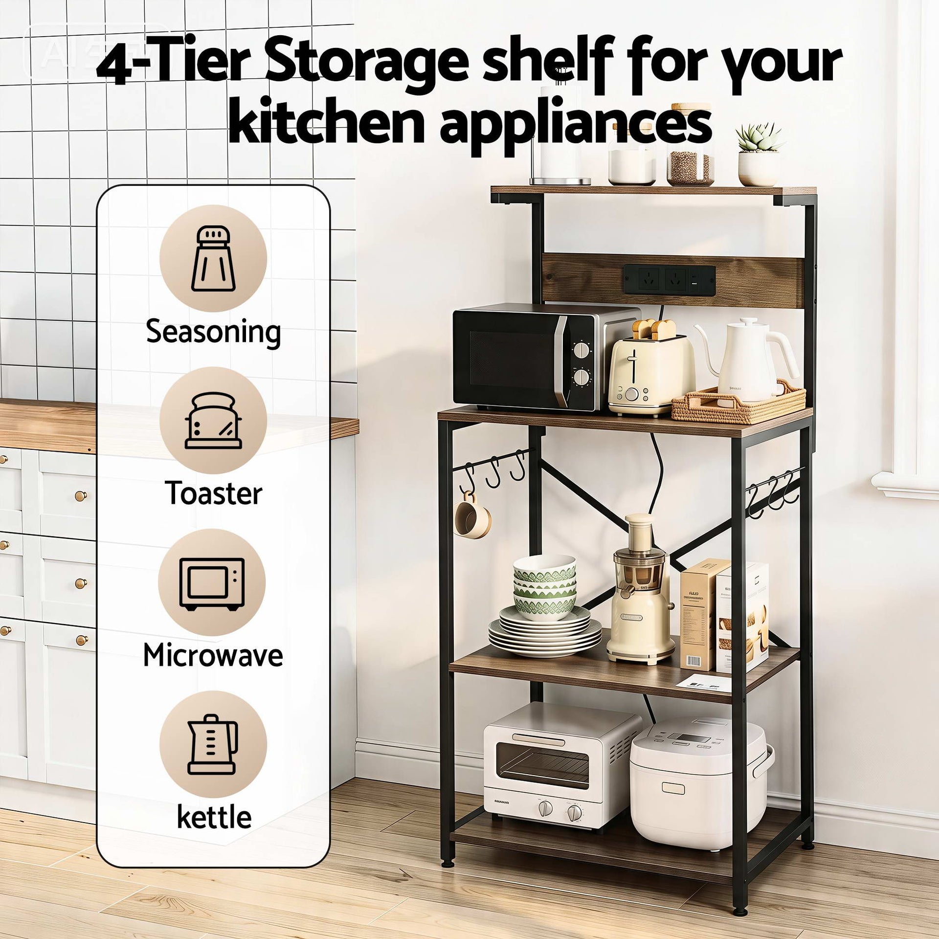 Artiss 4-Tier Kitchen Rack with 2 Power Outlets 6 Hooks Microwave Storage Shelf Awezingly