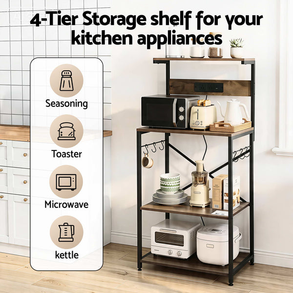 Artiss 4-Tier Kitchen Rack with 2 Power Outlets 6 Hooks Microwave Storage Shelf Awezingly
