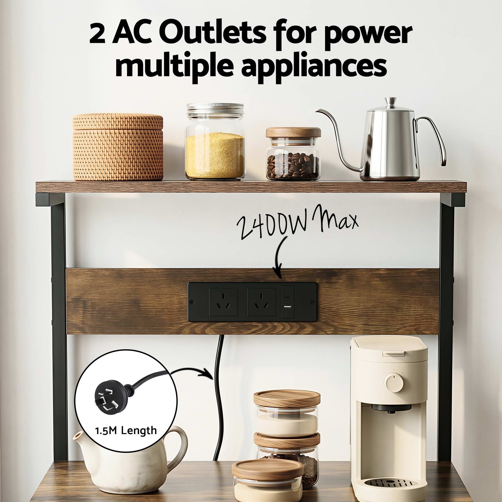 Artiss 4-Tier Kitchen Rack with 2 Power Outlets 6 Hooks Microwave Storage Shelf Awezingly