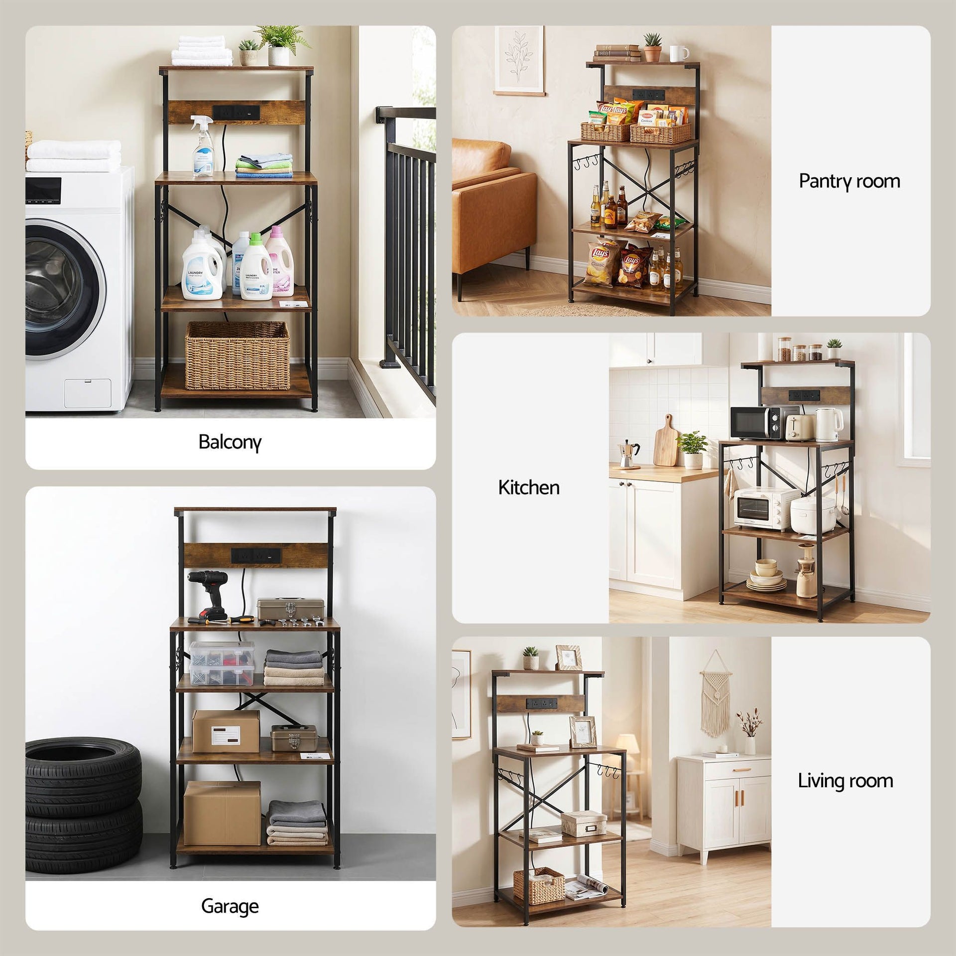 Artiss 4-Tier Kitchen Rack with 2 Power Outlets 6 Hooks Microwave Storage Shelf Awezingly