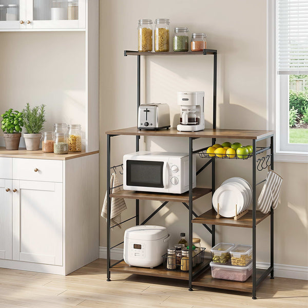 Artiss 4-Tier Kitchen Rack with Pull Out Basket 6 Hooks Microwave Storage Shelf Awezingly